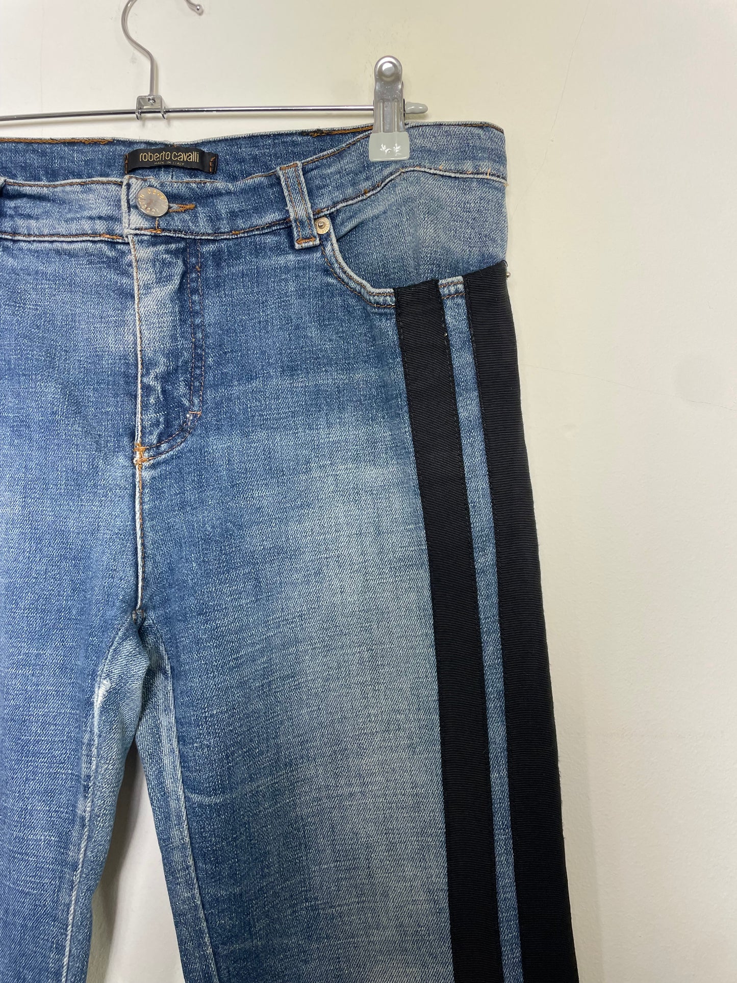 Roberto Cavalli Straight-Leg Denim Jeans with Black Parallel Stripes