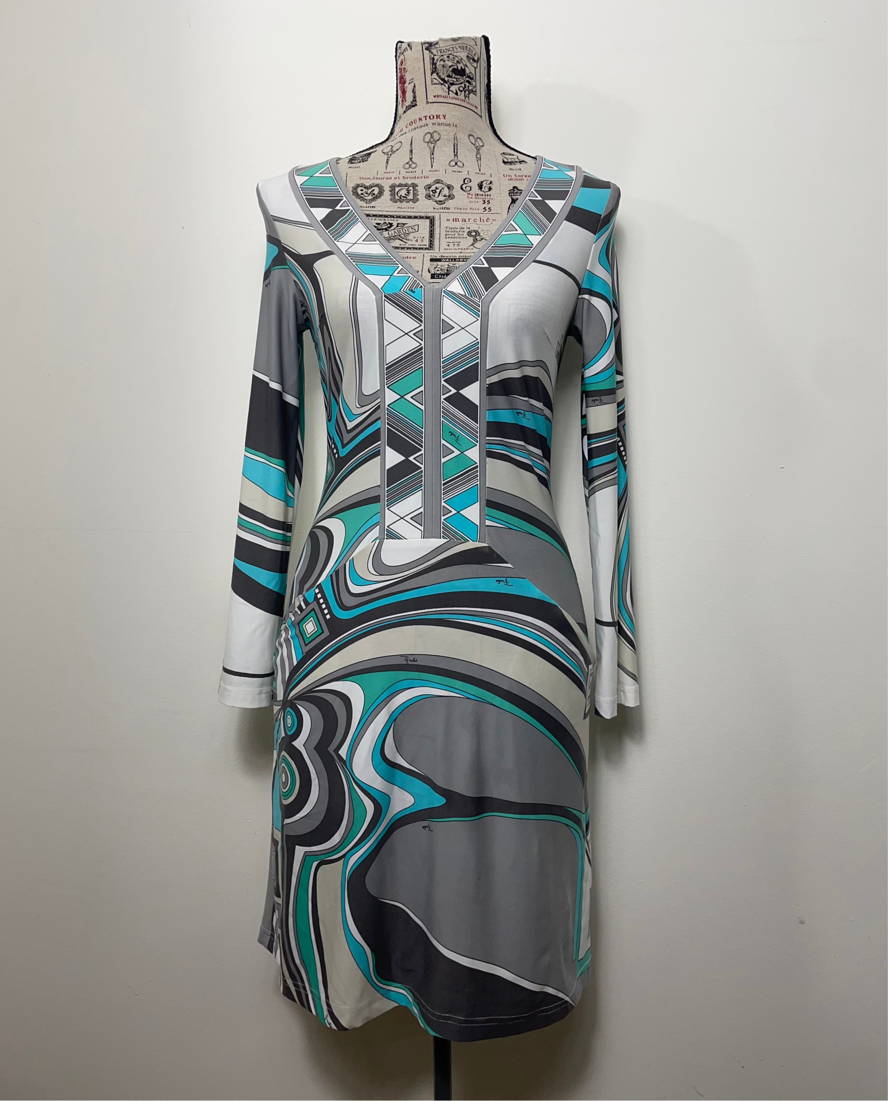 Emilio Pucci A Line Geometric Print Long Sleeve Midi Dress