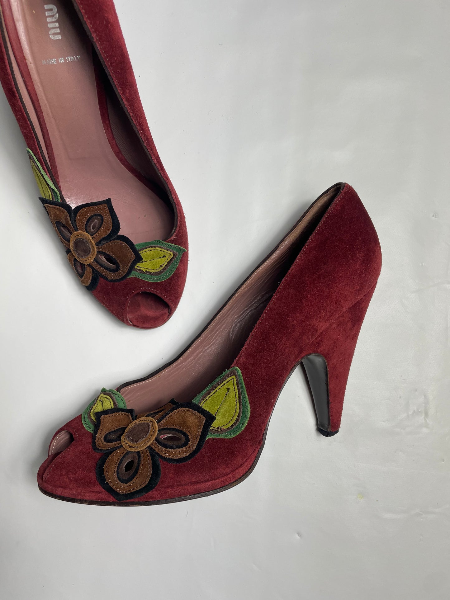 Miu Miu Burgundy Suede Peep Toe Pumps
