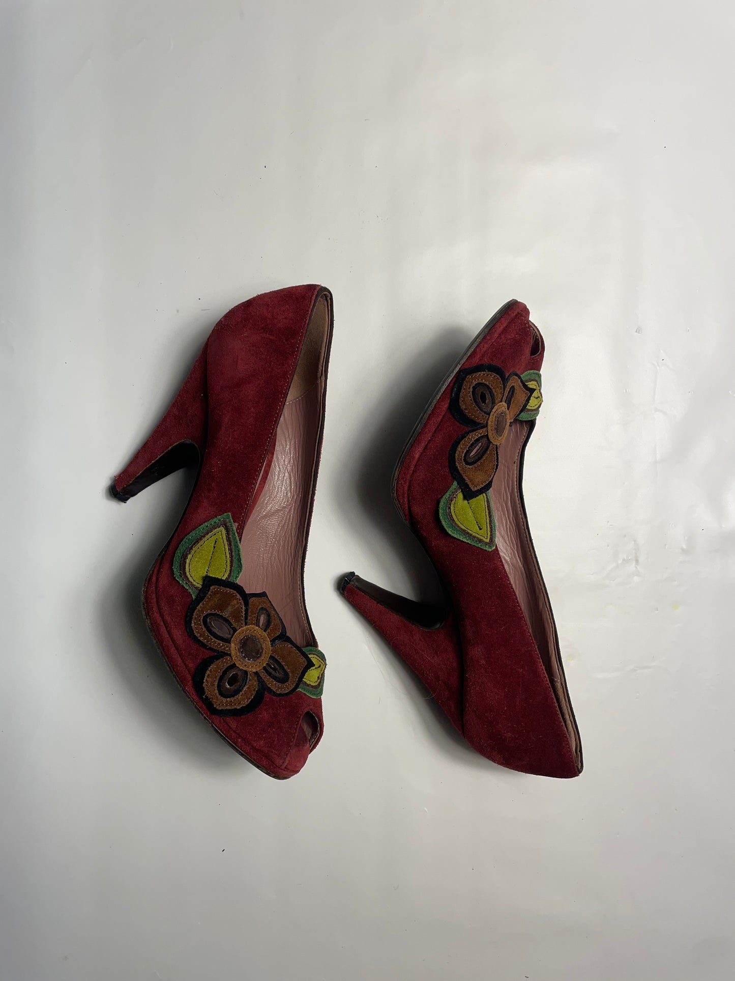Miu Miu Burgundy Suede Peep Toe Pumps