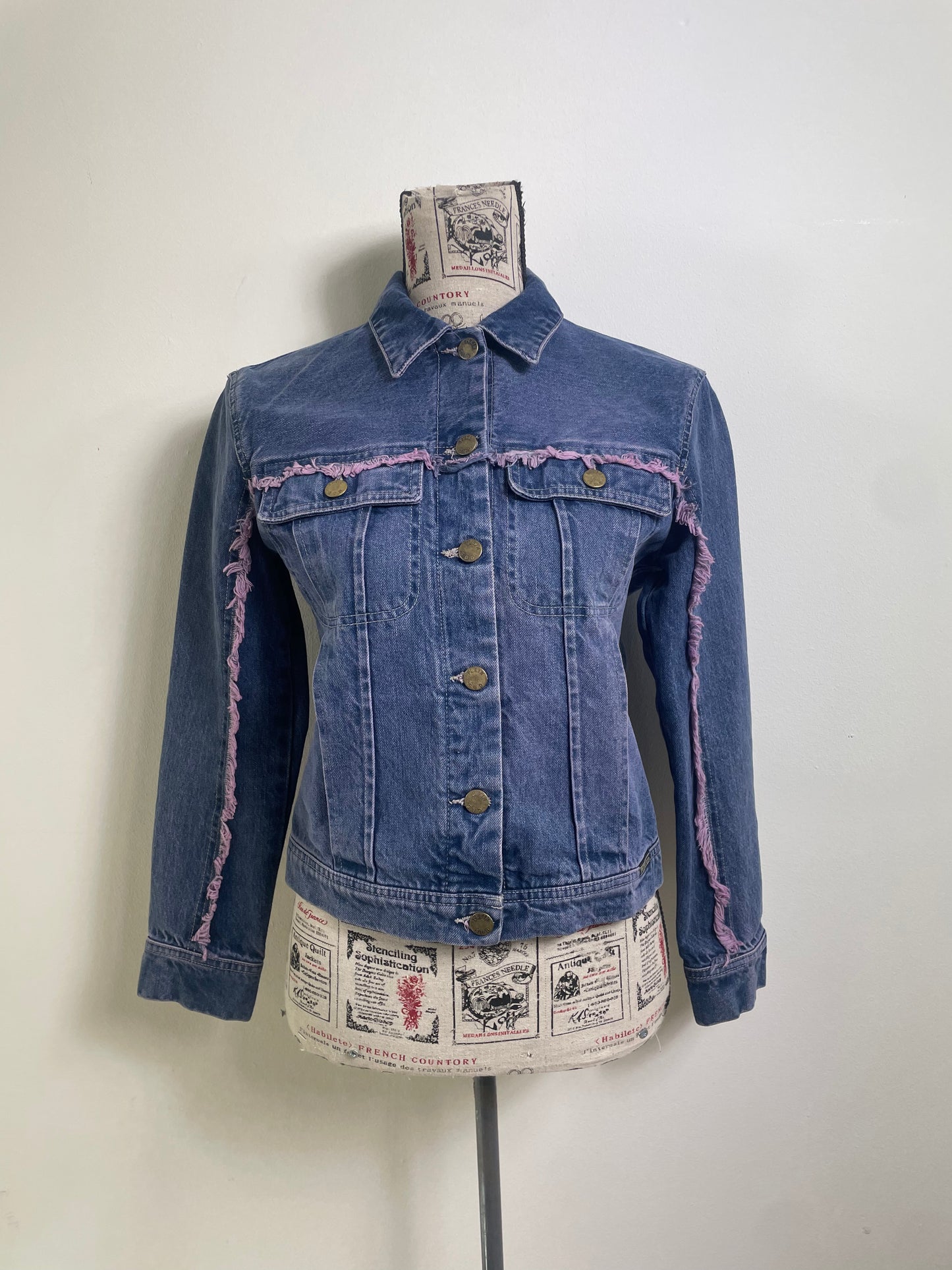 Plein Sud Jeans Denim Jacket with Purple Fringe Trim