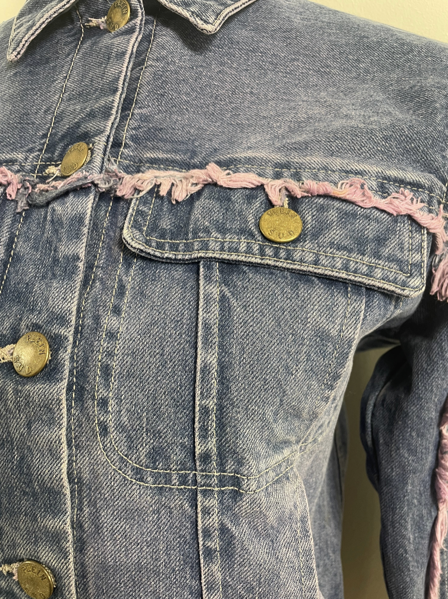 Plein Sud Jeans Denim Jacket with Purple Fringe Trim
