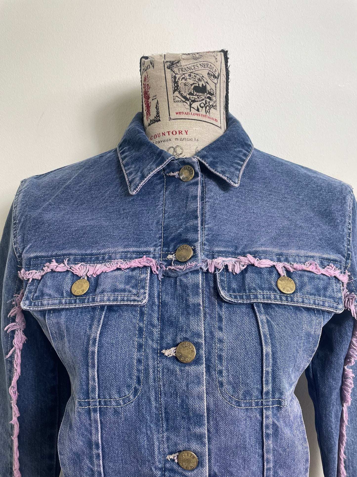 Plein Sud Jeans Denim Jacket with Purple Fringe Trim