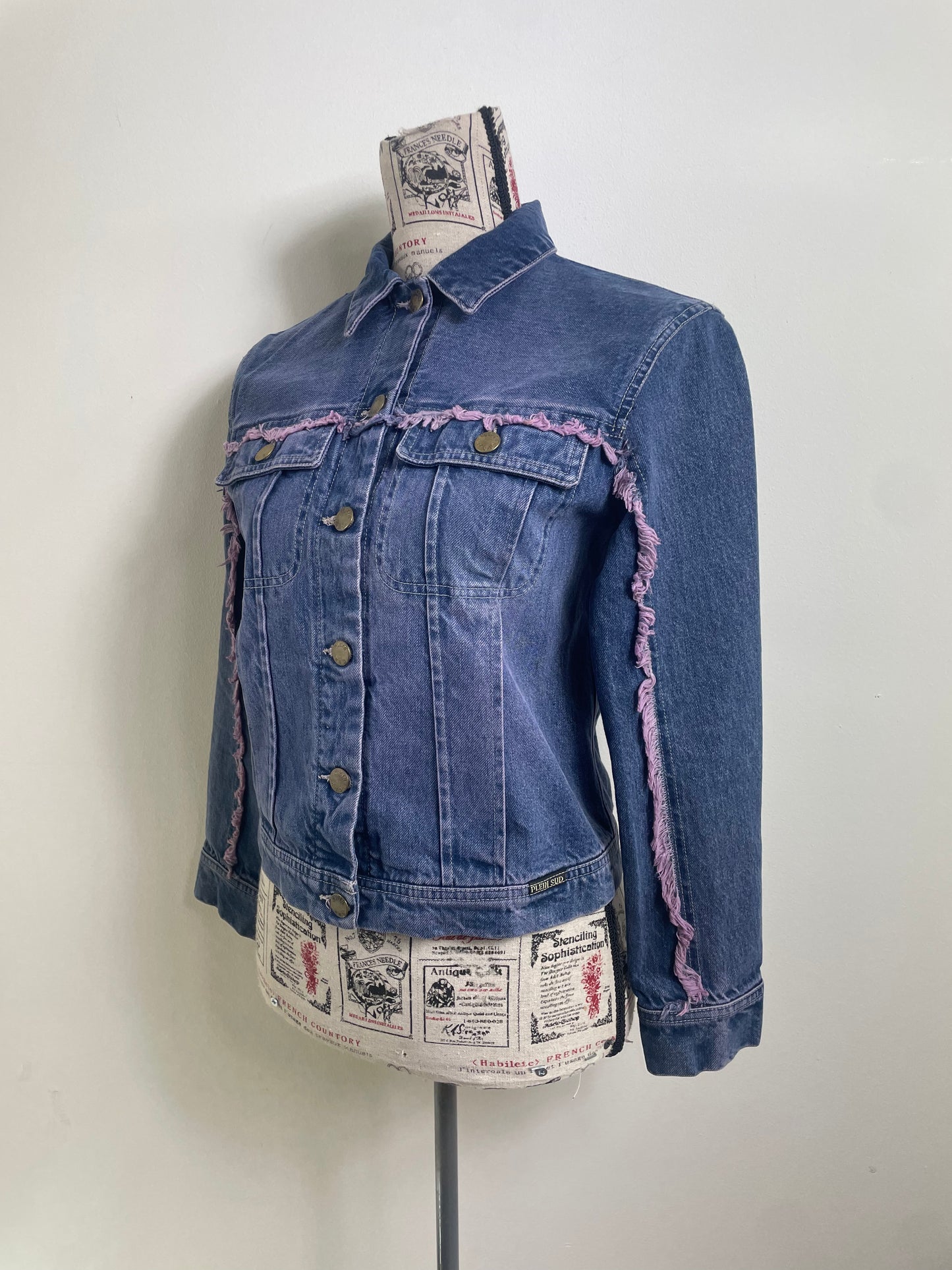 Plein Sud Jeans Denim Jacket with Purple Fringe Trim