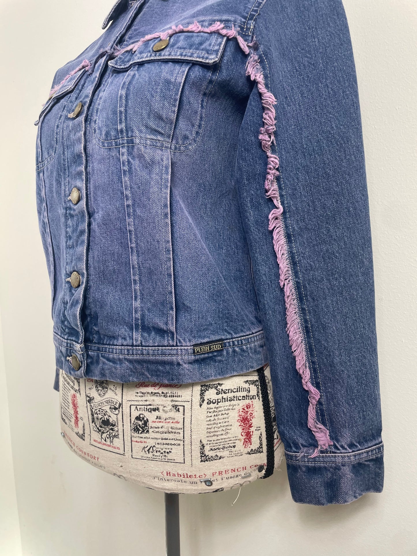 Plein Sud Jeans Denim Jacket with Purple Fringe Trim