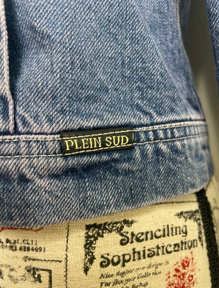 Plein Sud Jeans Denim Jacket with Purple Fringe Trim