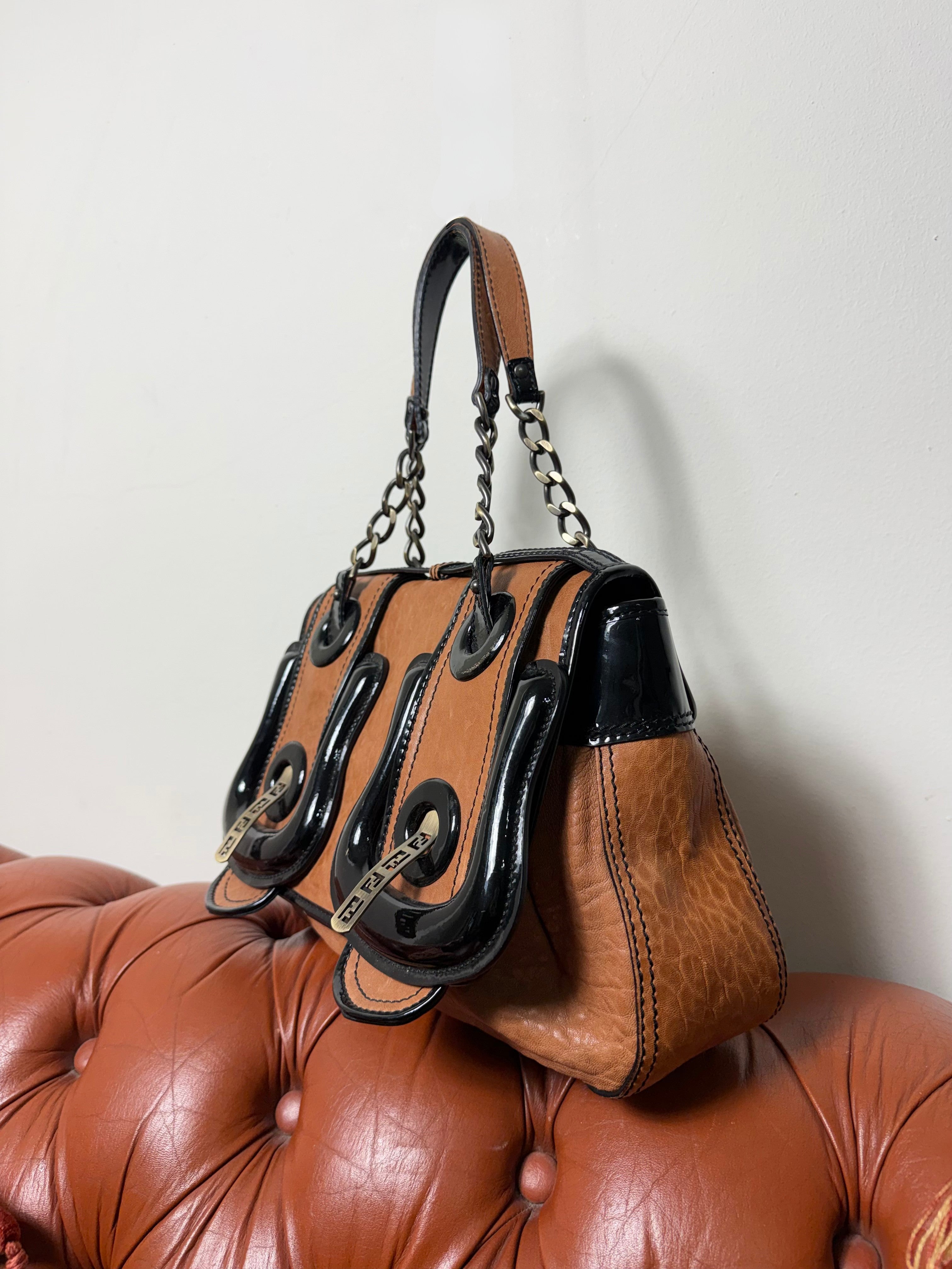 Fendi B Buckle Caramel & Black Patent Leather Handbag