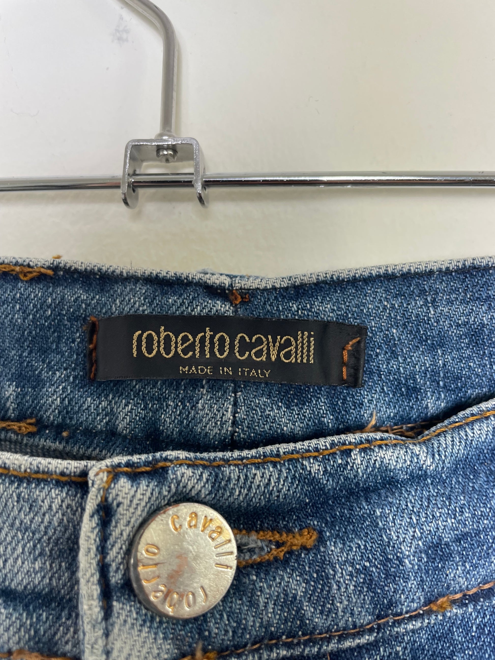Roberto Cavalli Straight-Leg Denim Jeans with Black Parallel Stripes