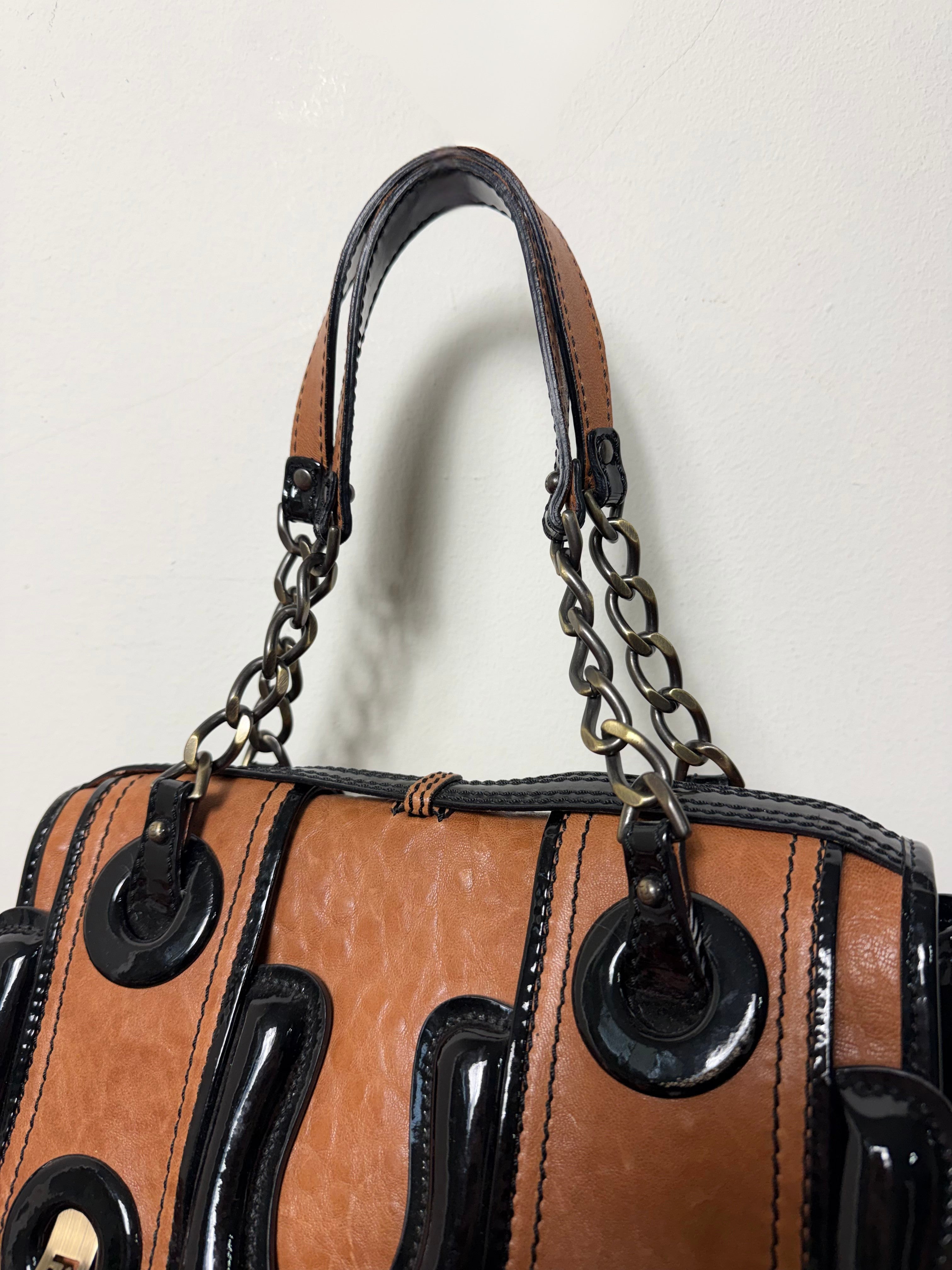 Fendi B Buckle Caramel & Black Patent Leather Handbag