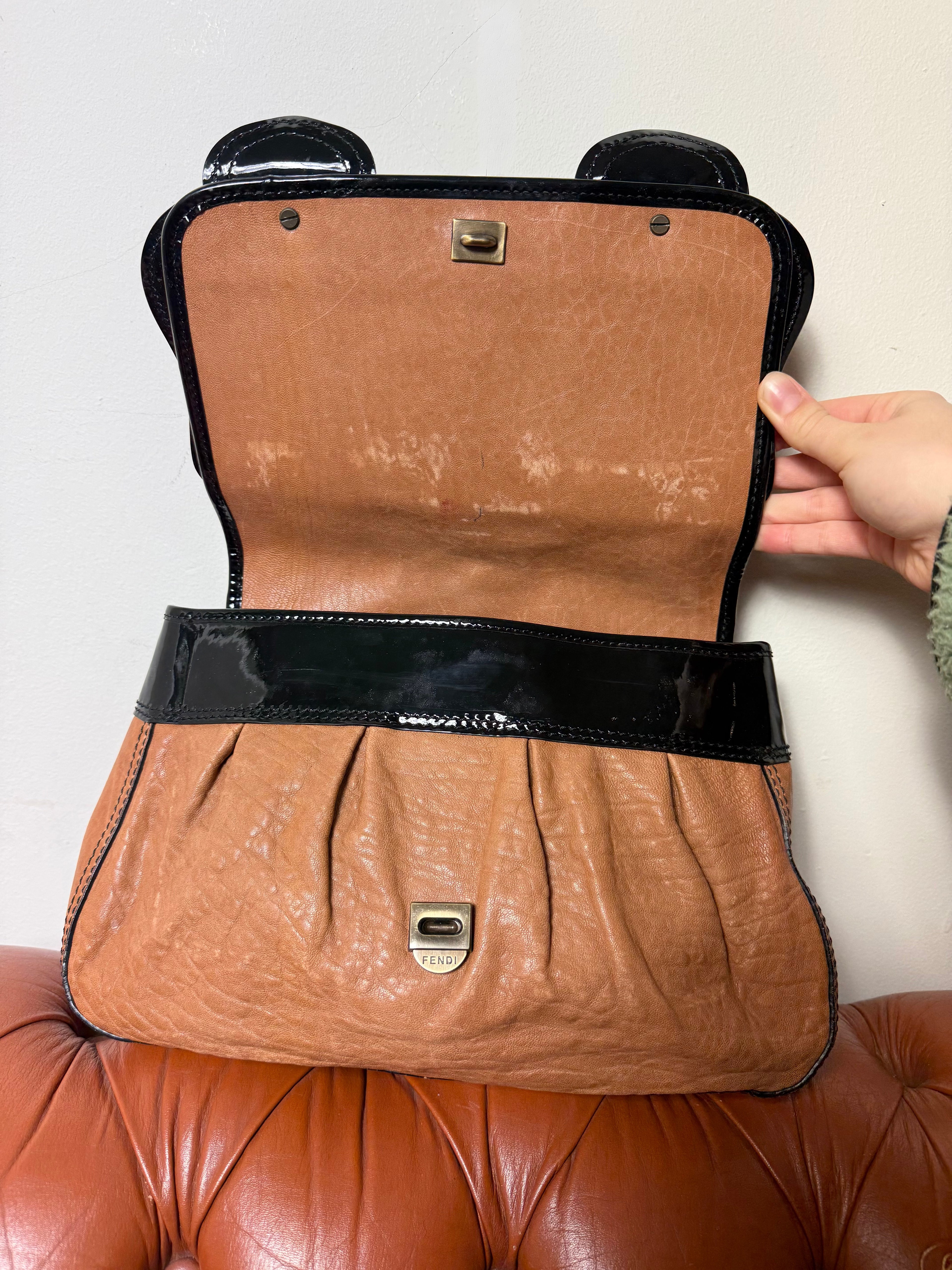 Fendi B Buckle Caramel & Black Patent Leather Handbag