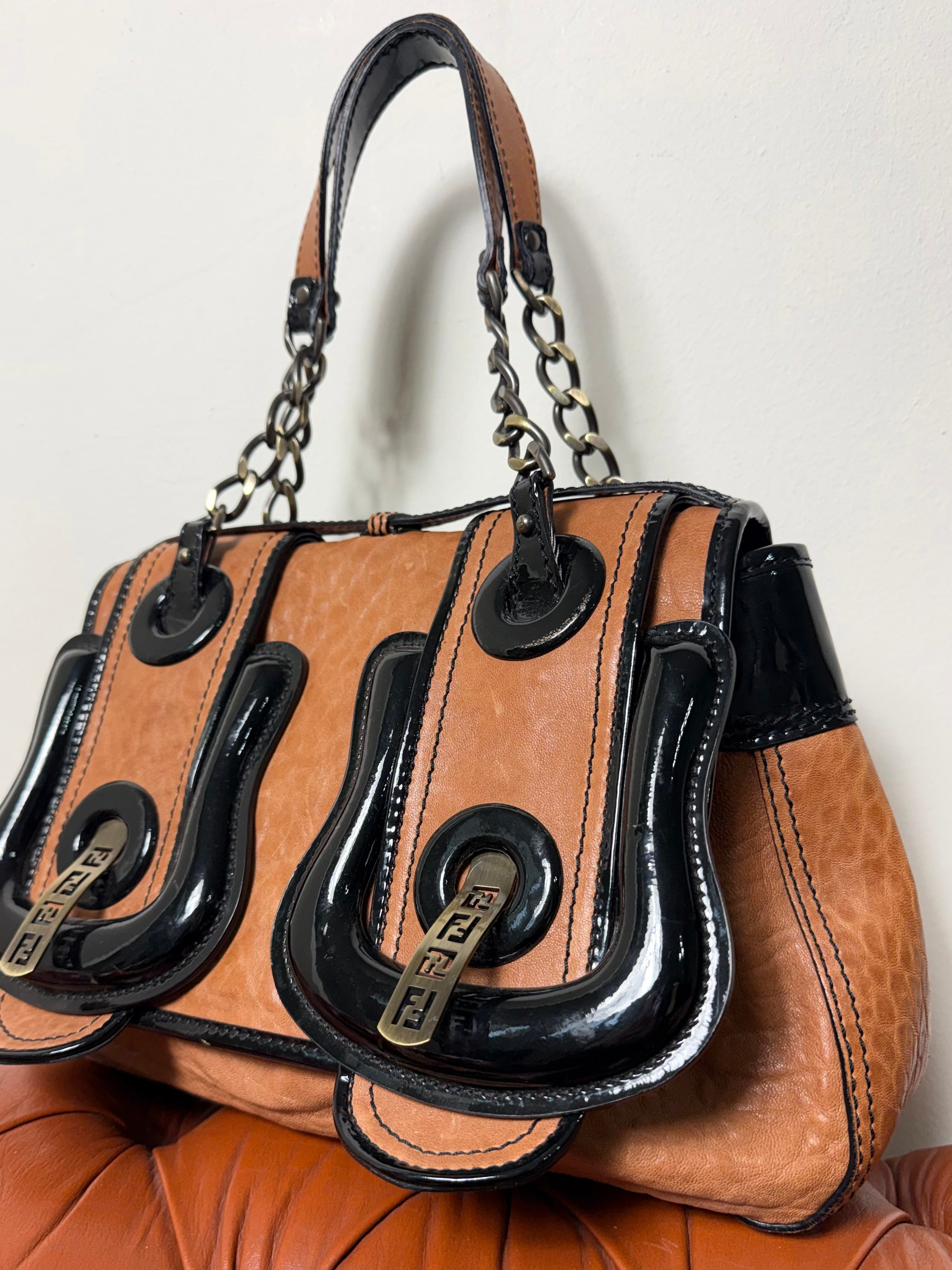 Fendi B Buckle Caramel & Black Patent Leather Handbag
