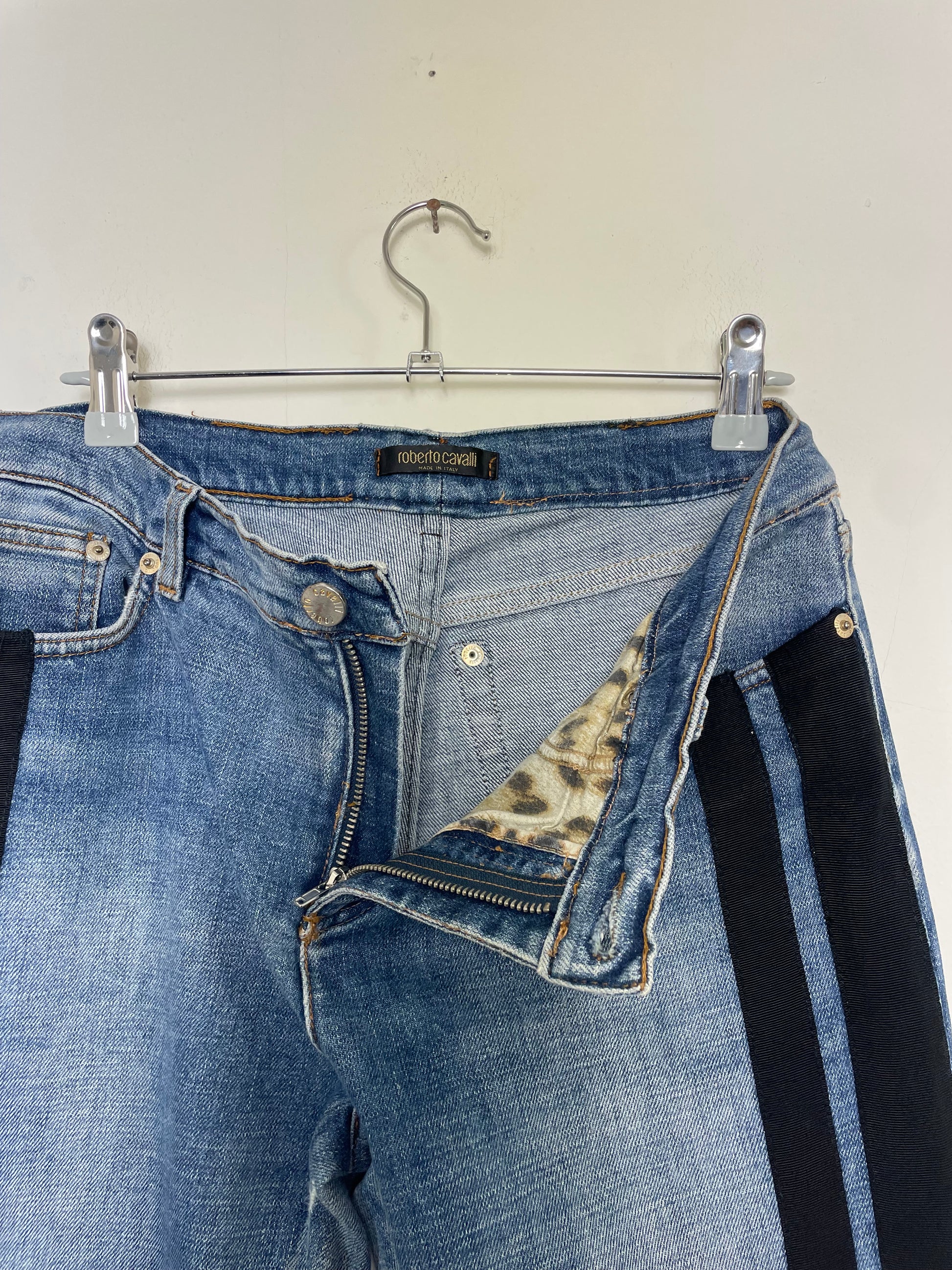 Roberto Cavalli Straight-Leg Denim Jeans with Black Parallel Stripes