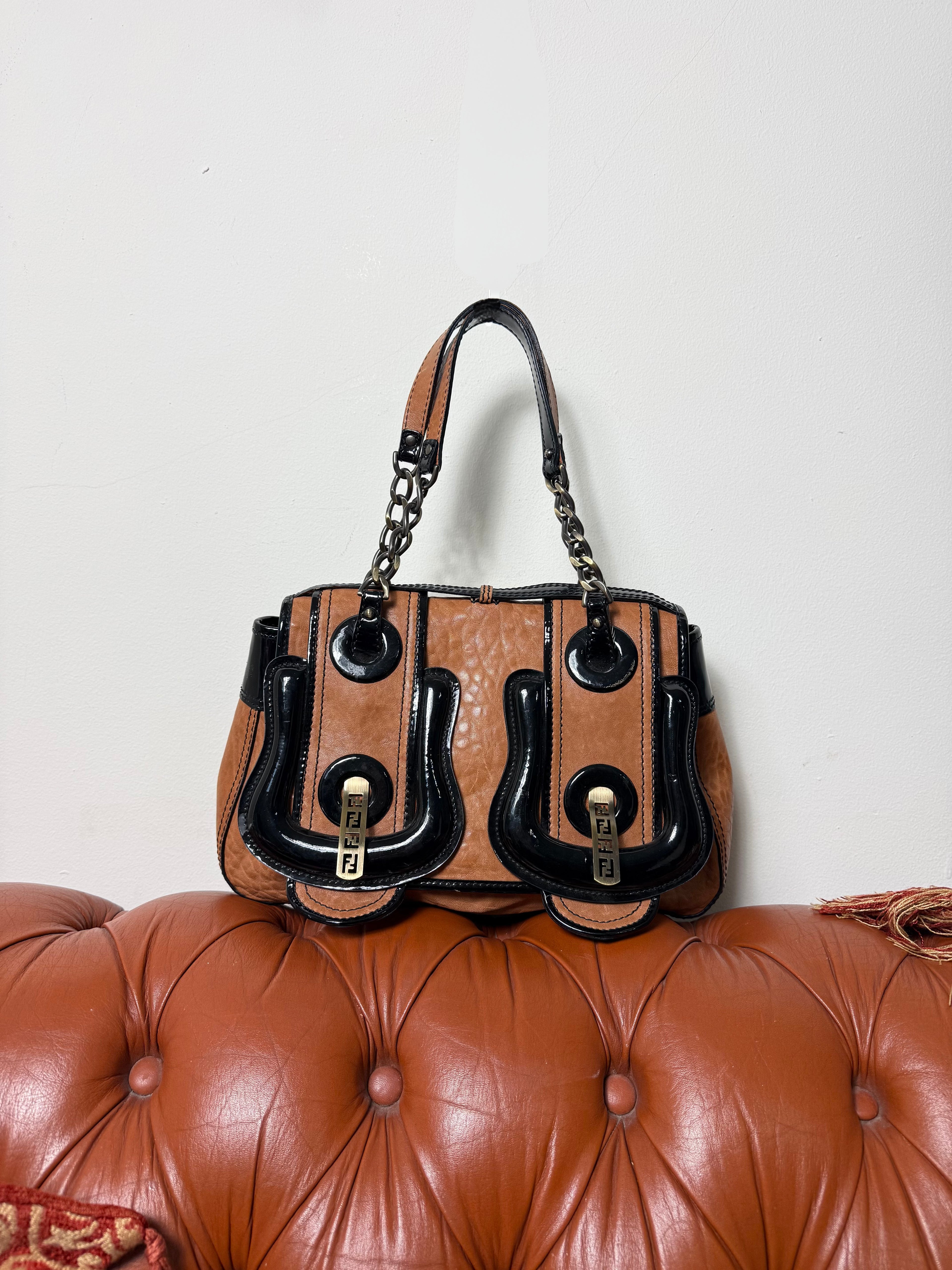 Fendi B Buckle Caramel & Black Patent Leather Handbag