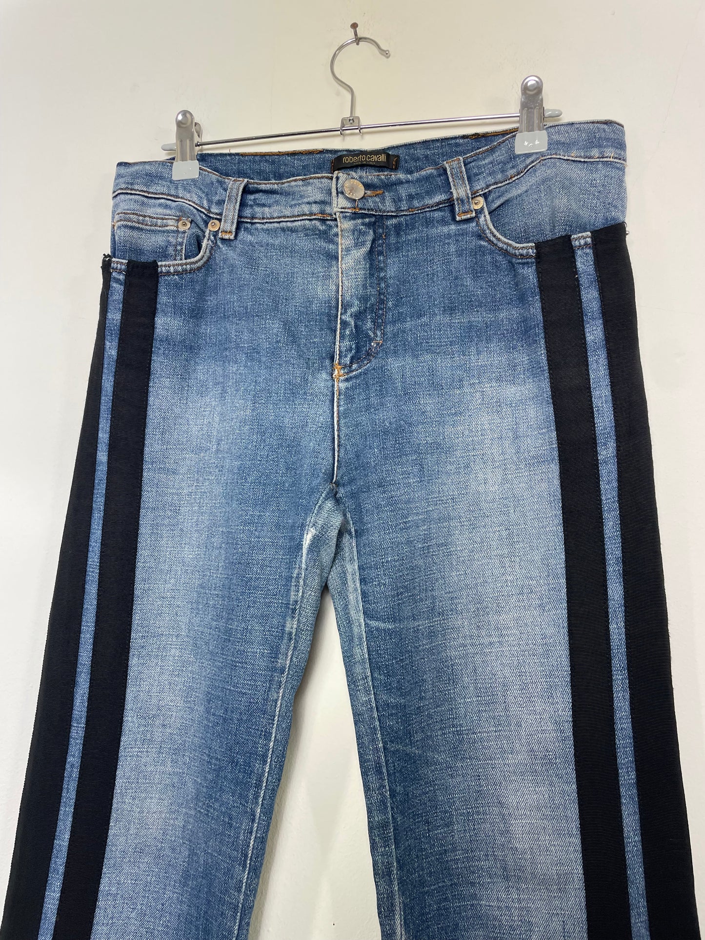 Roberto Cavalli Straight-Leg Denim Jeans with Black Parallel Stripes