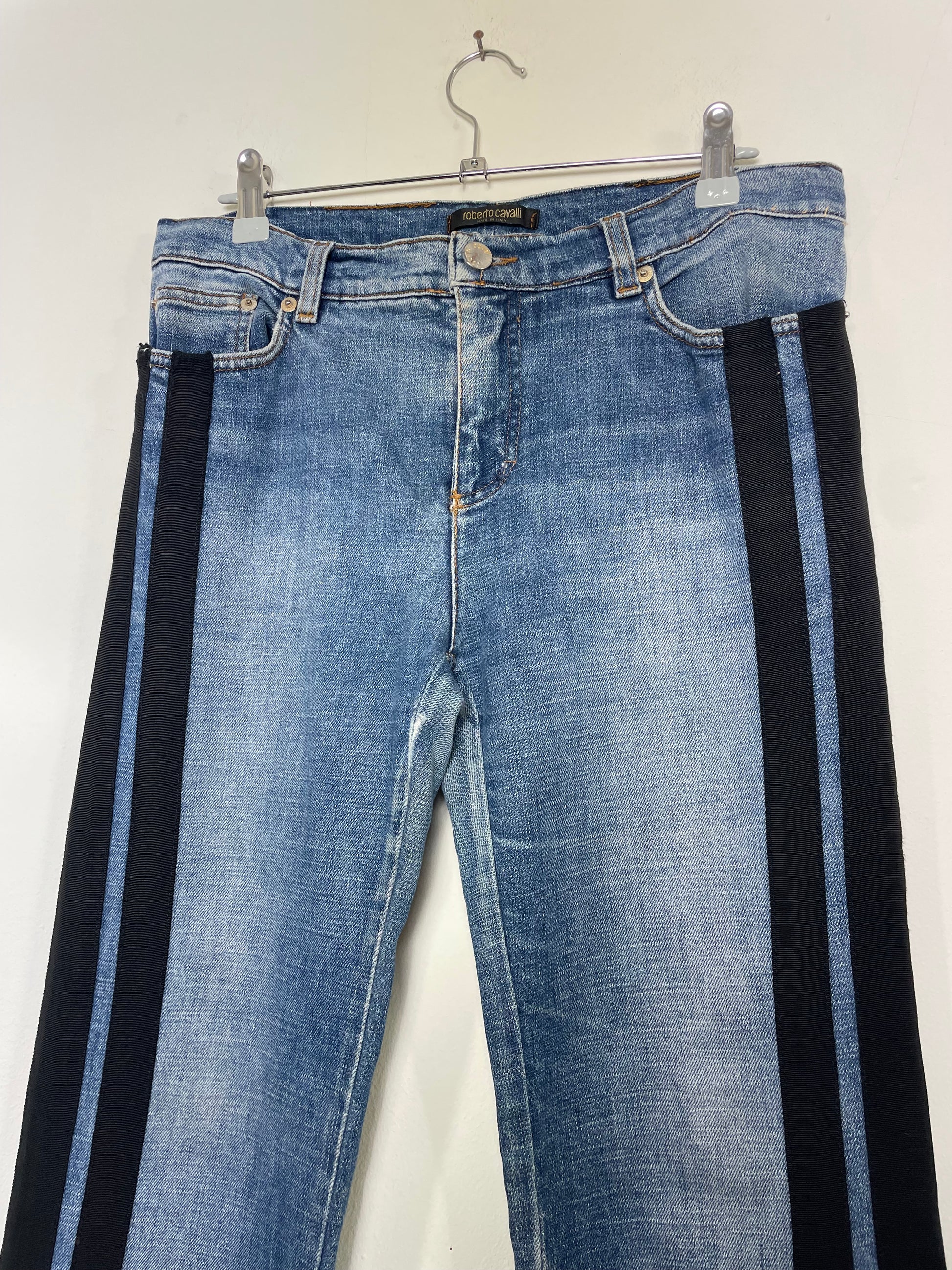 Roberto Cavalli Straight-Leg Denim Jeans with Black Parallel Stripes