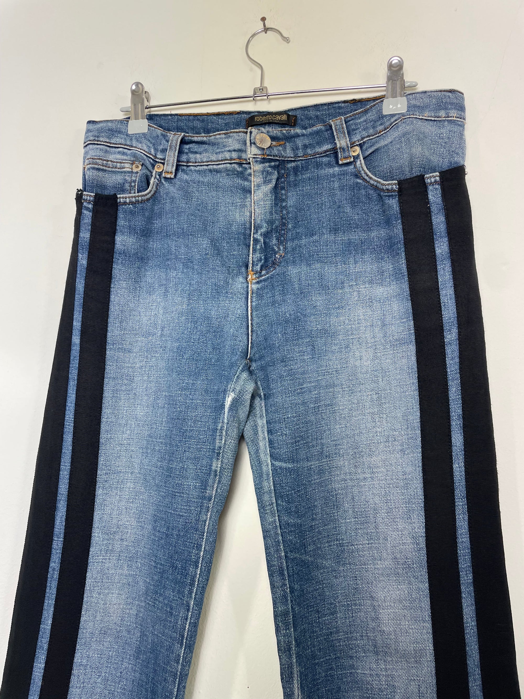 Roberto Cavalli Straight-Leg Denim Jeans with Black Parallel Stripes