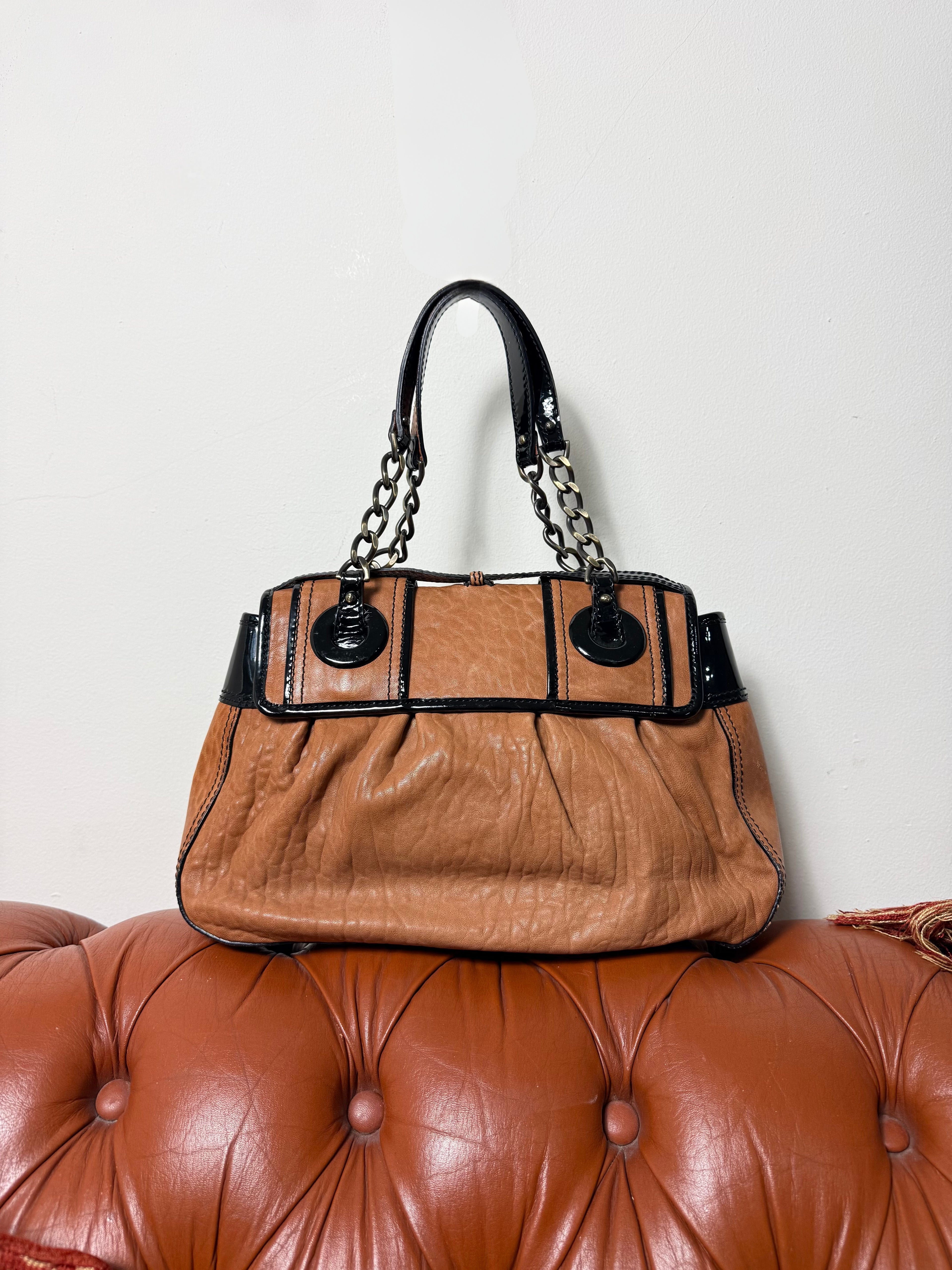 Fendi B Buckle Caramel & Black Patent Leather Handbag