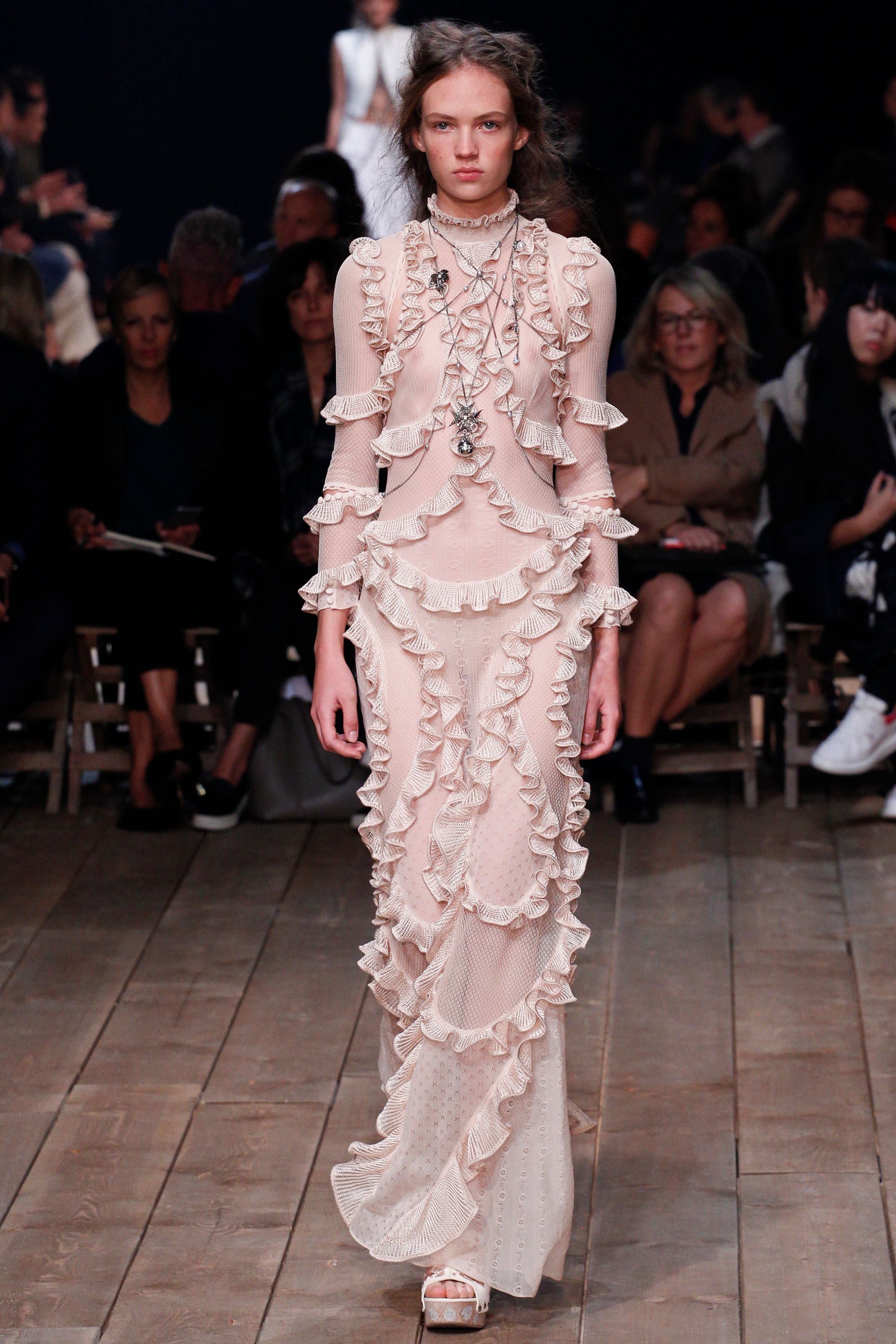 alexander mcqueen pink ruffle dress 2004 Alexander McQueen Lifetime Runway Pink Silk Cut-Out Ruffle Gown