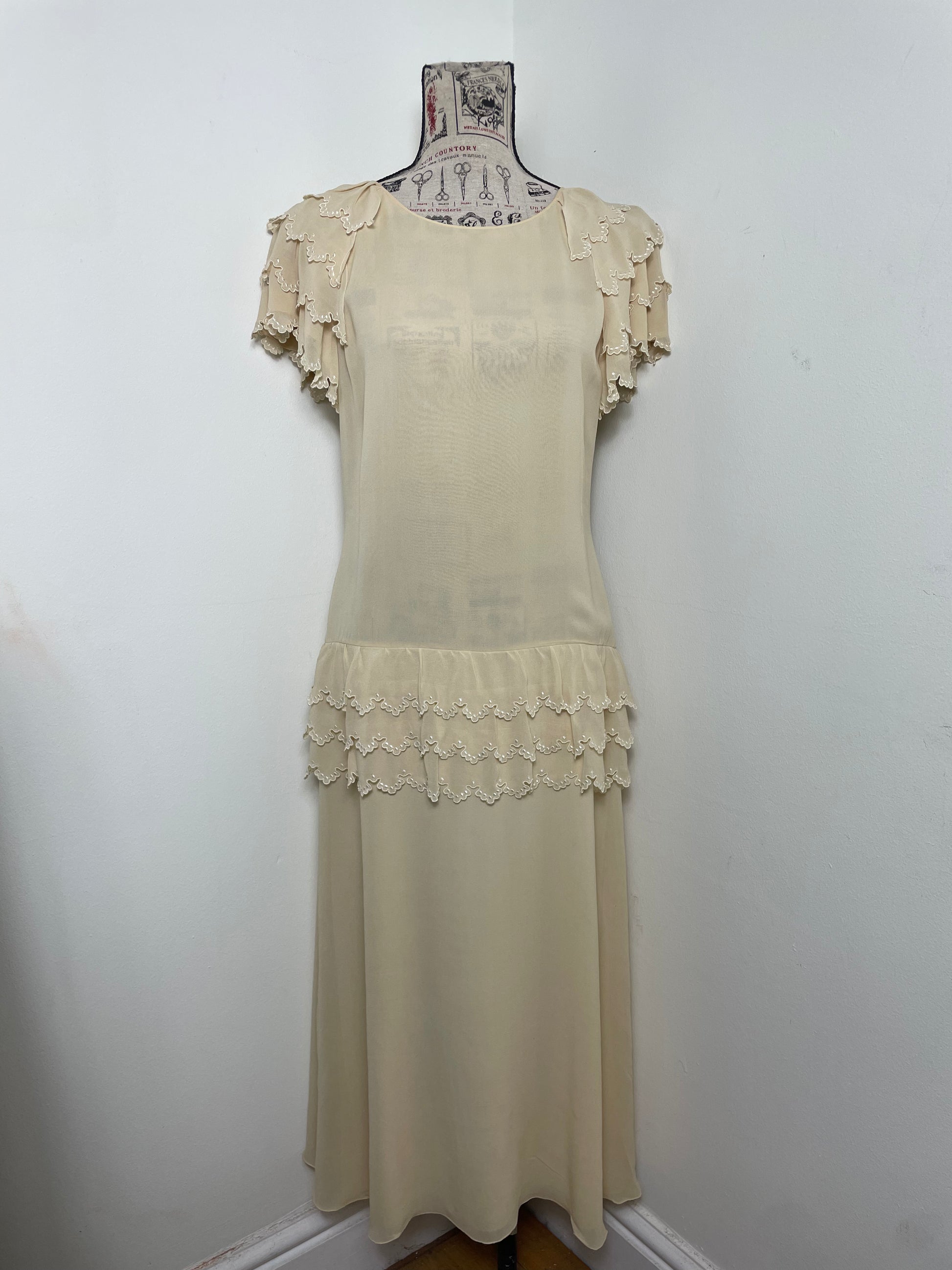 Chloé Spring 1981 Custard Silk Ruffle Dress by Karl Lagerfeld
