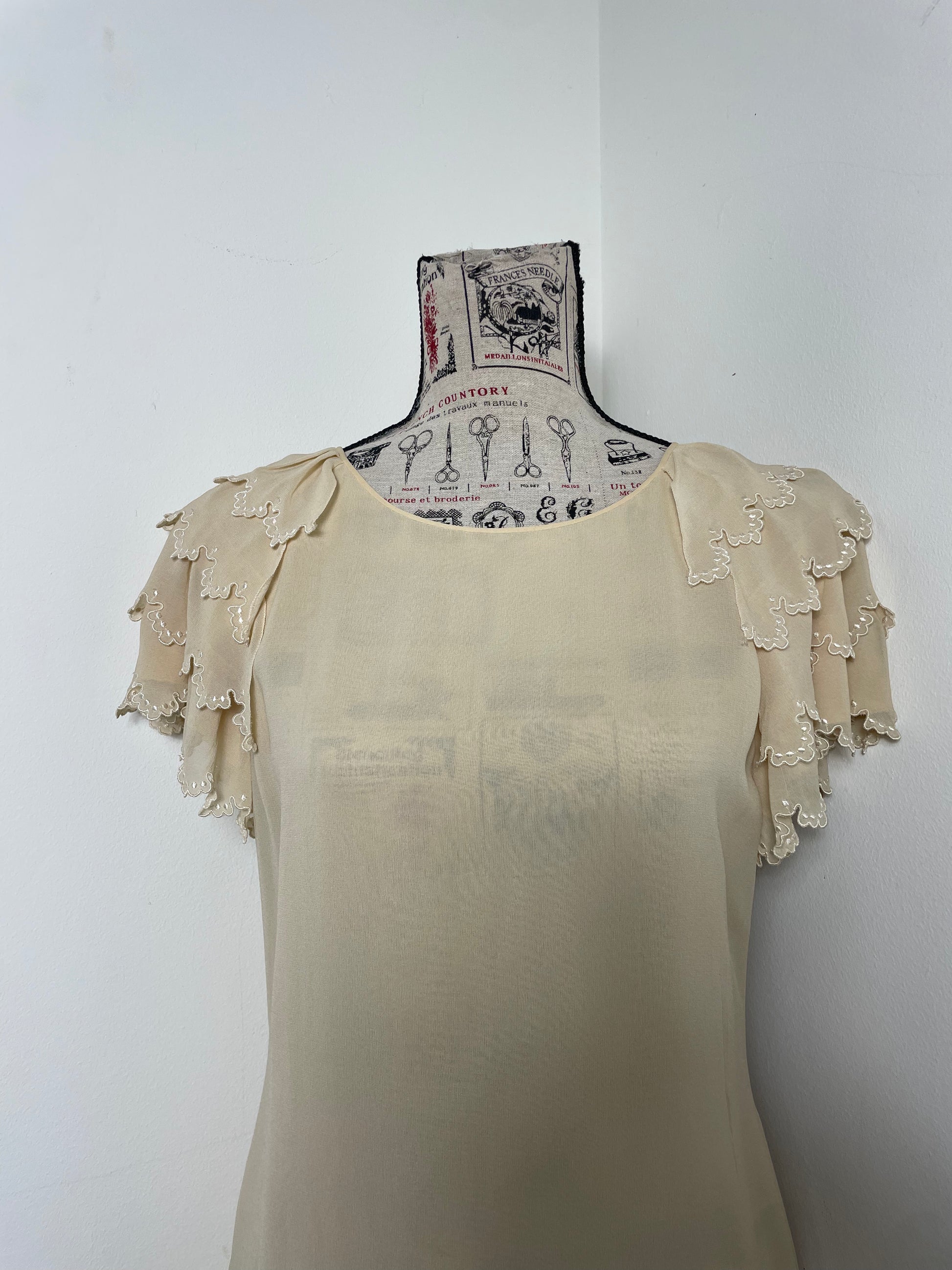 Chloé Spring 1981 Custard Silk Ruffle Dress by Karl Lagerfeld