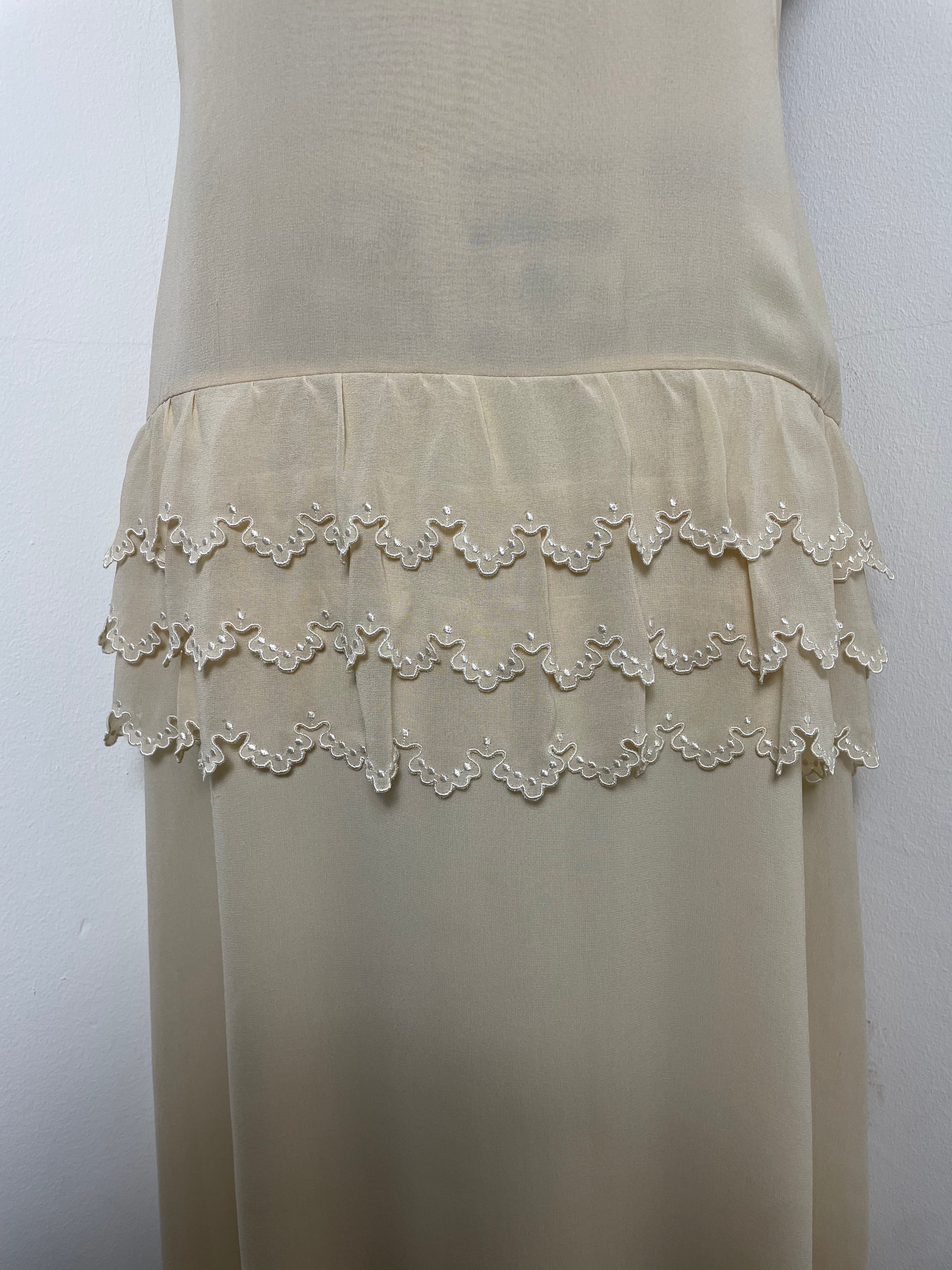 Chloé Spring 1981 Custard Silk Ruffle Dress by Karl Lagerfeld