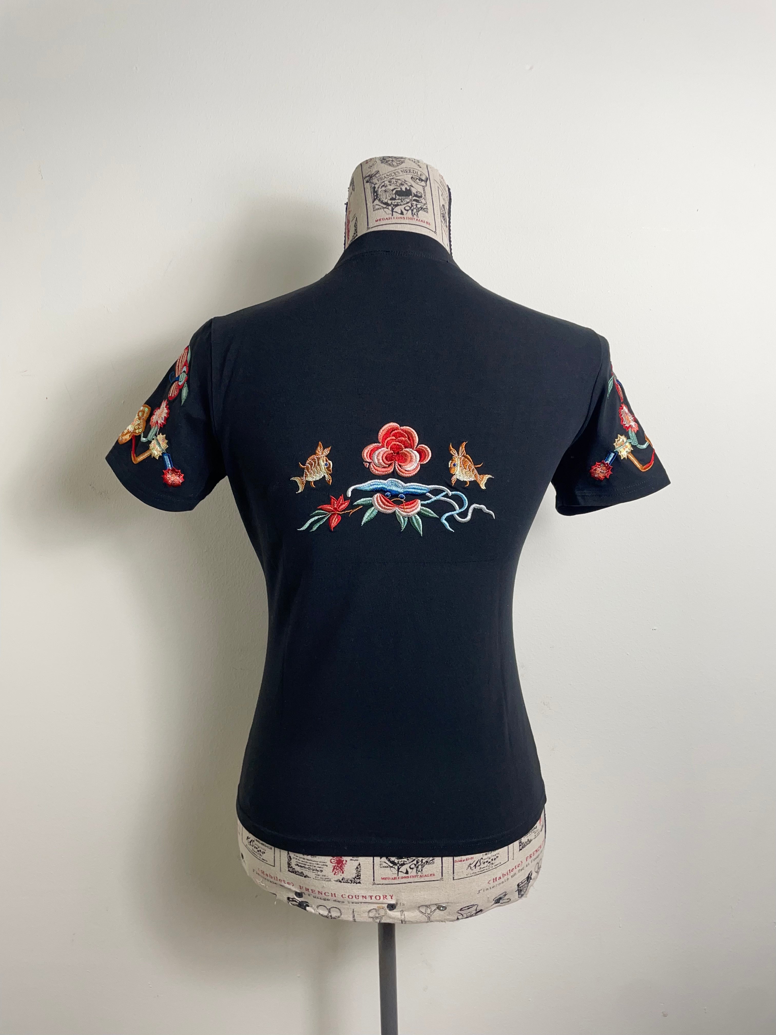 Christian Dior Spring 2002 Vintage Koi Fish Black Embroidered T-Shirt