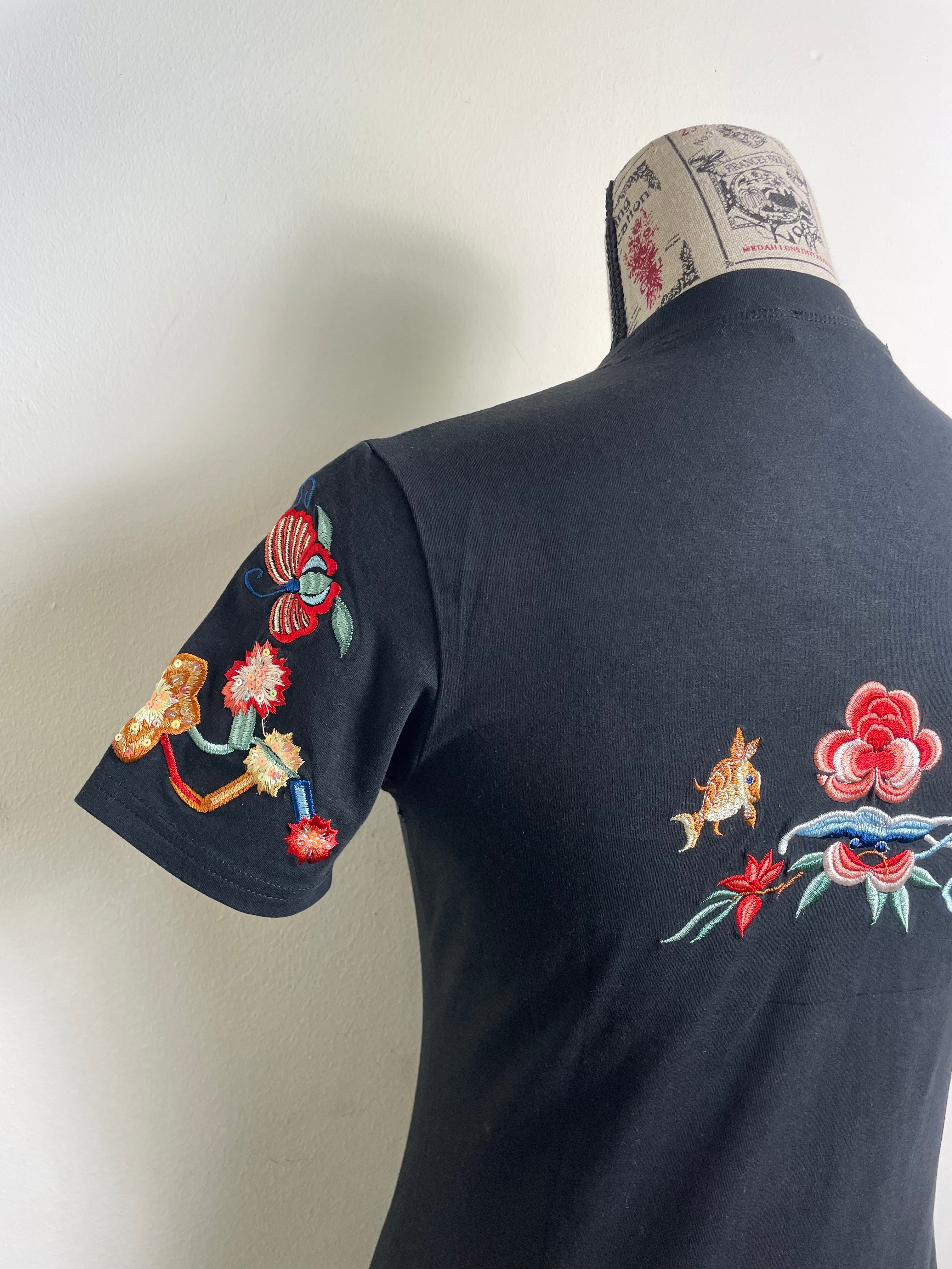 Christian Dior Spring 2002 Vintage Koi Fish Black Embroidered T-Shirt