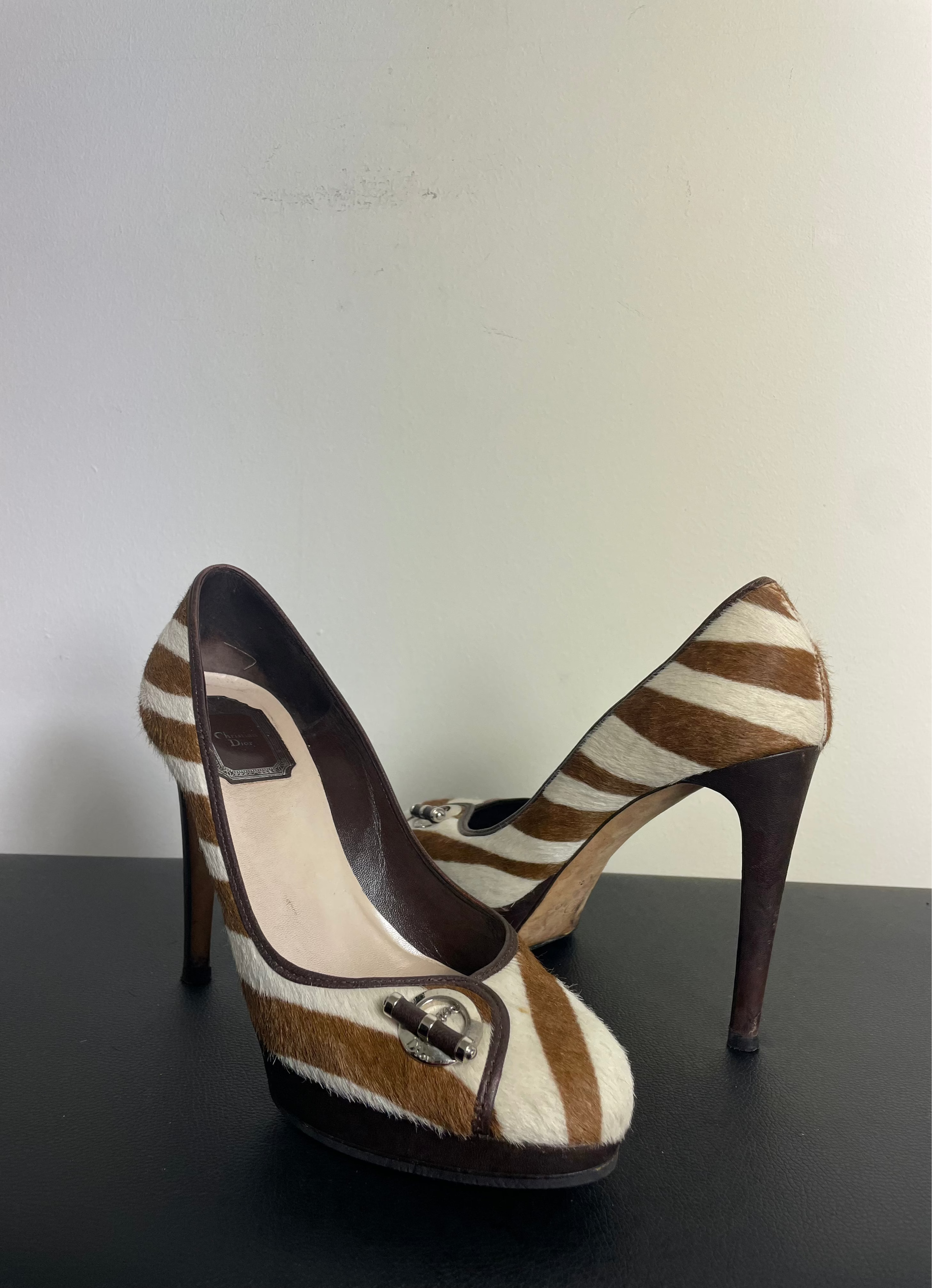Christian Dior Spring 2008 Brown Zebra Print Fur Heels