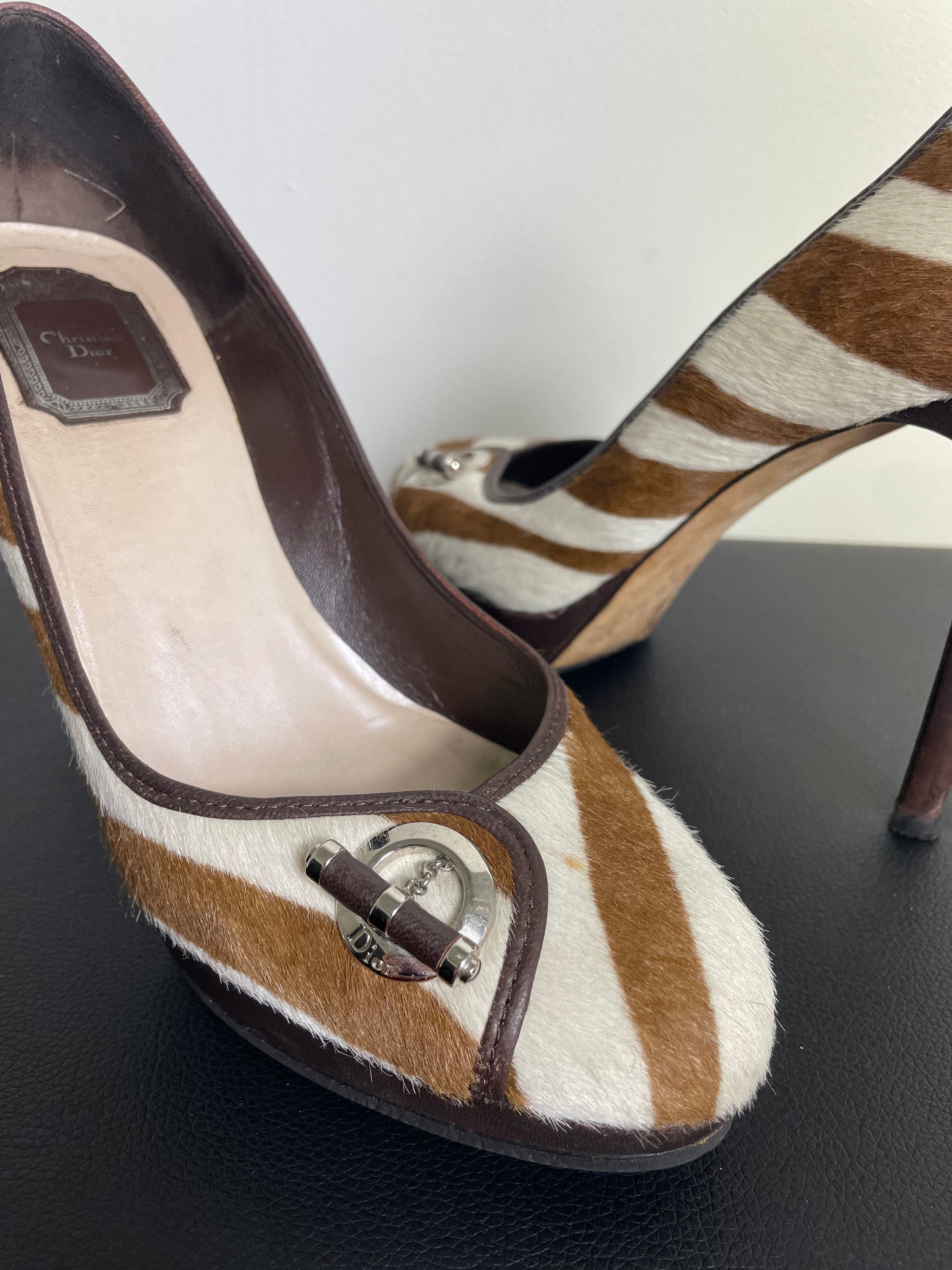 Christian Dior Spring 2008 Brown Zebra Print Fur Heels
