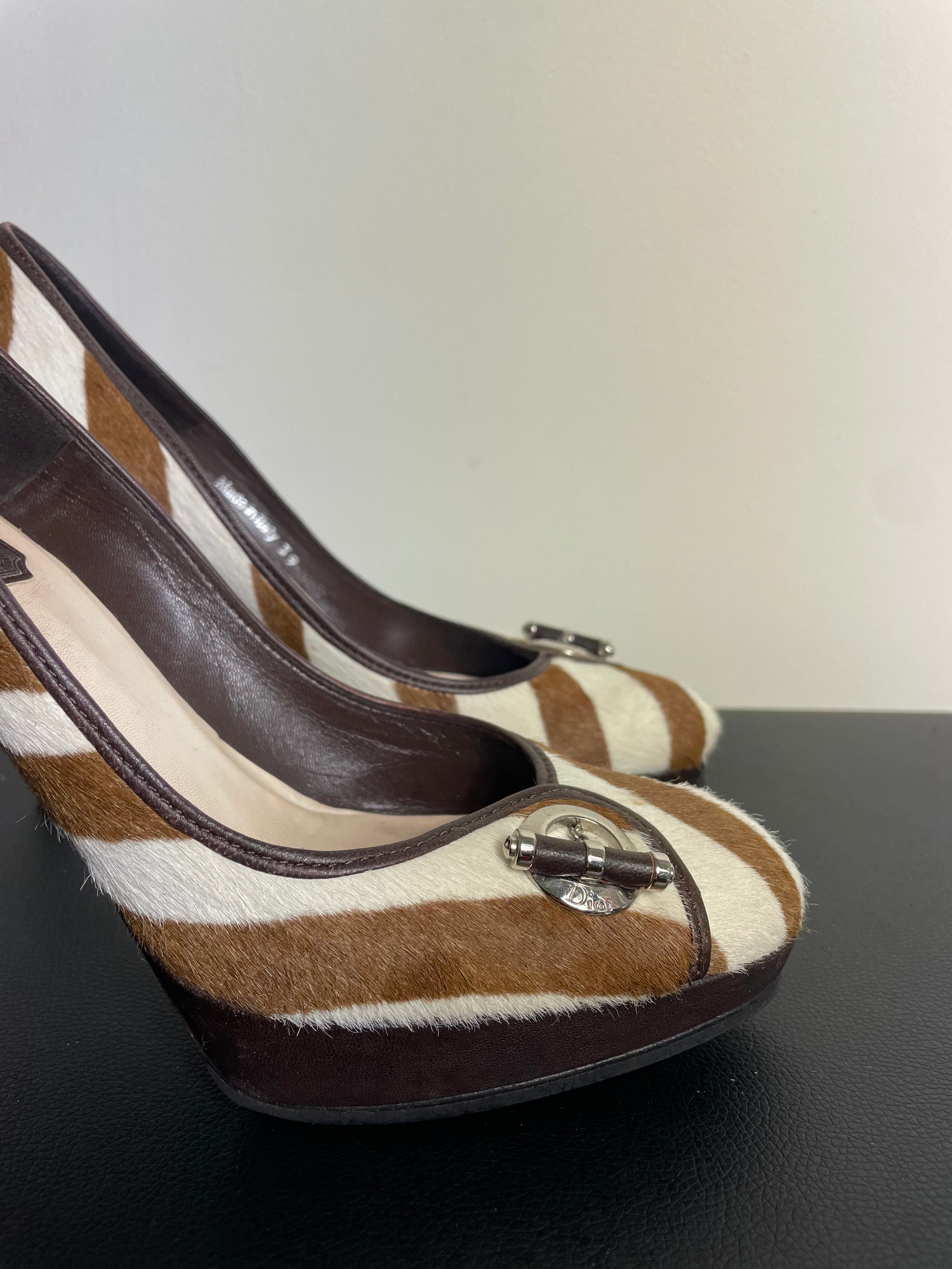 Christian Dior Spring 2008 Brown Zebra Print Fur Heels