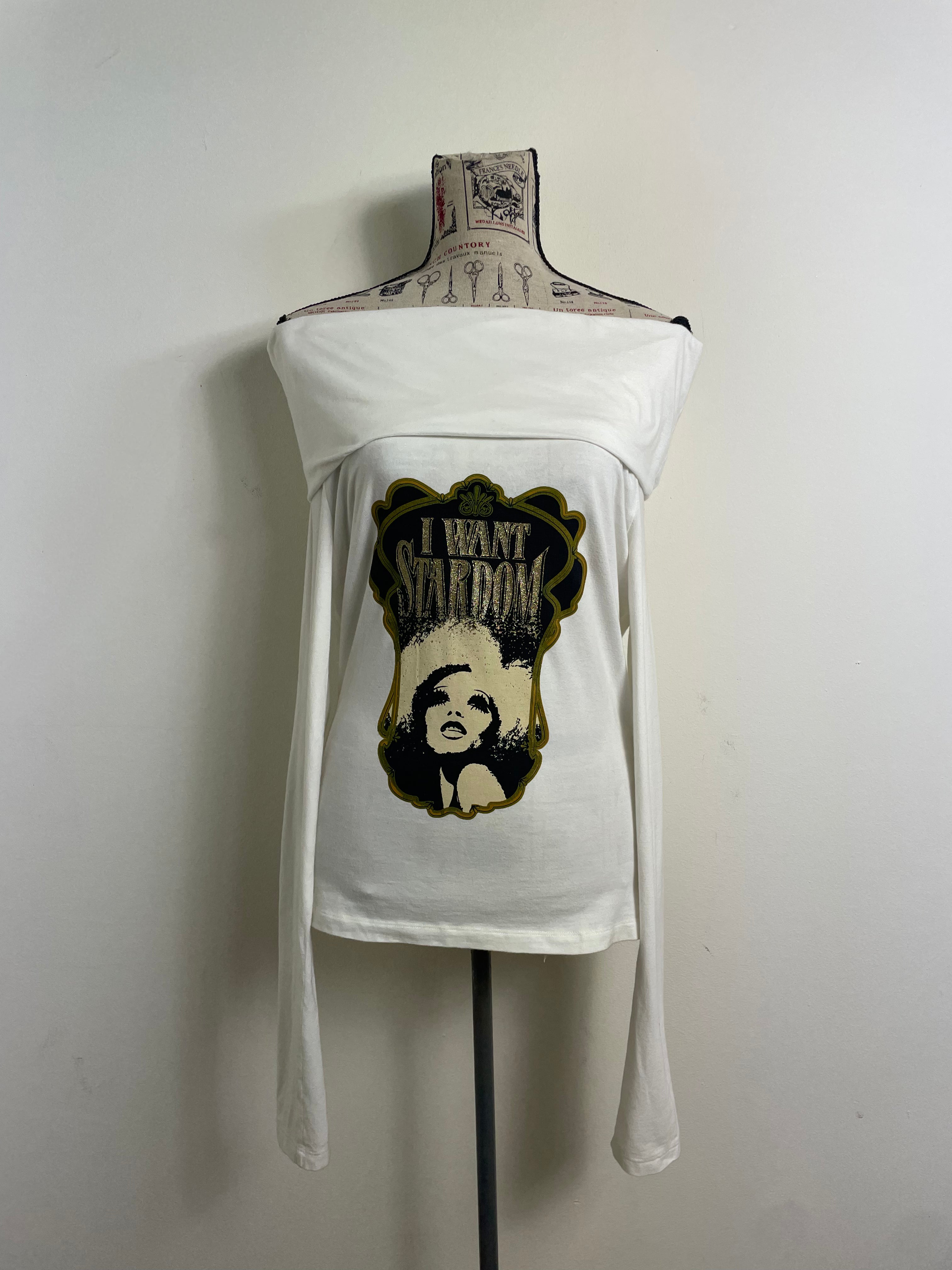D&G Vintage White Bardot Long Sleeve Graphic Top