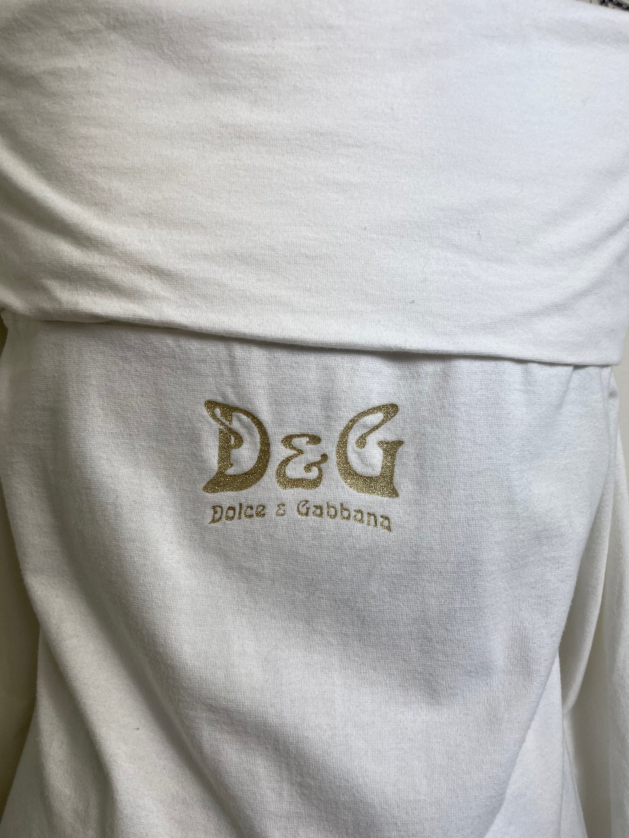 D&G Vintage White Bardot Long Sleeve Graphic Top