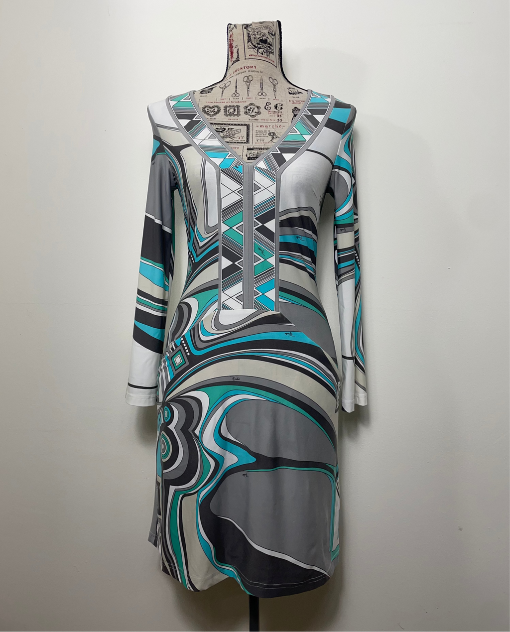 Emilio Pucci A Line Geometric Print Long Sleeve Midi Dress