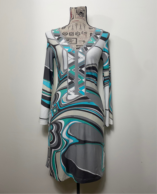 Emilio Pucci A Line Geometric Print Long Sleeve Midi Dress