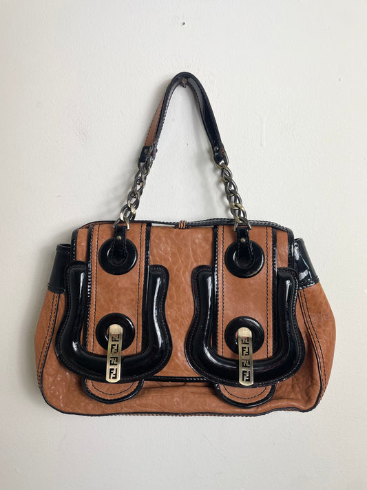 Fendi B Buckle Vintage Caramel & Black Patent Leather Handbag