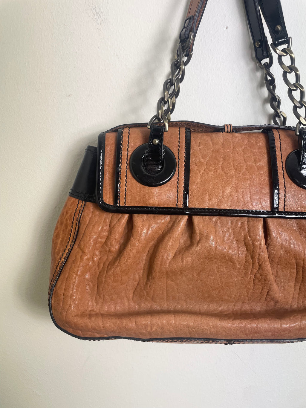 Fendi B Buckle Vintage Caramel & Black Patent Leather Handbag
