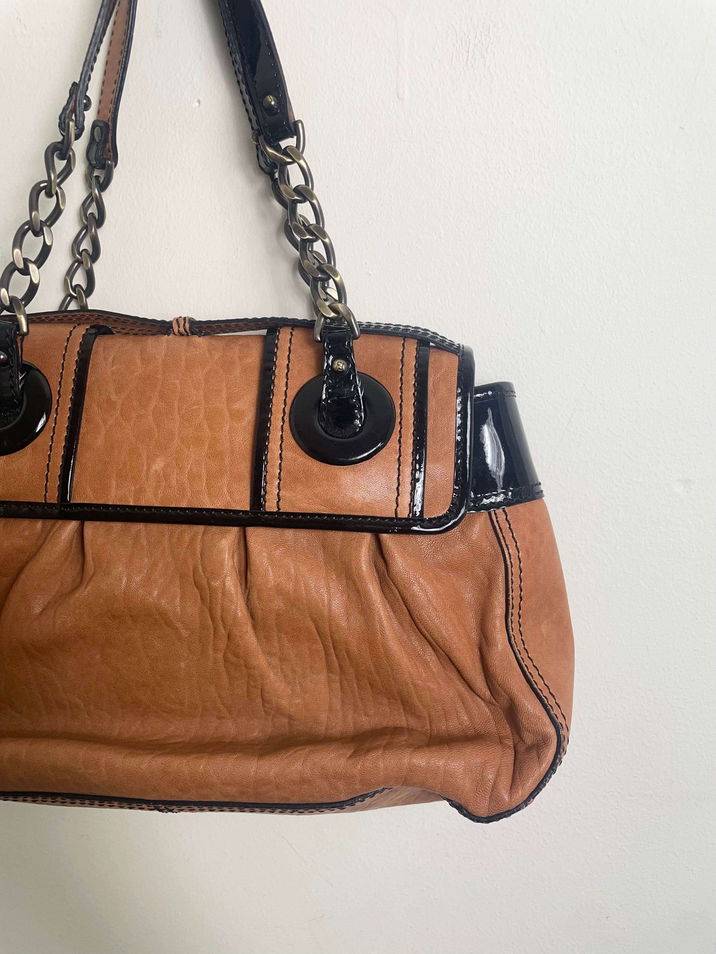 Fendi B Buckle Vintage Caramel & Black Patent Leather Handbag