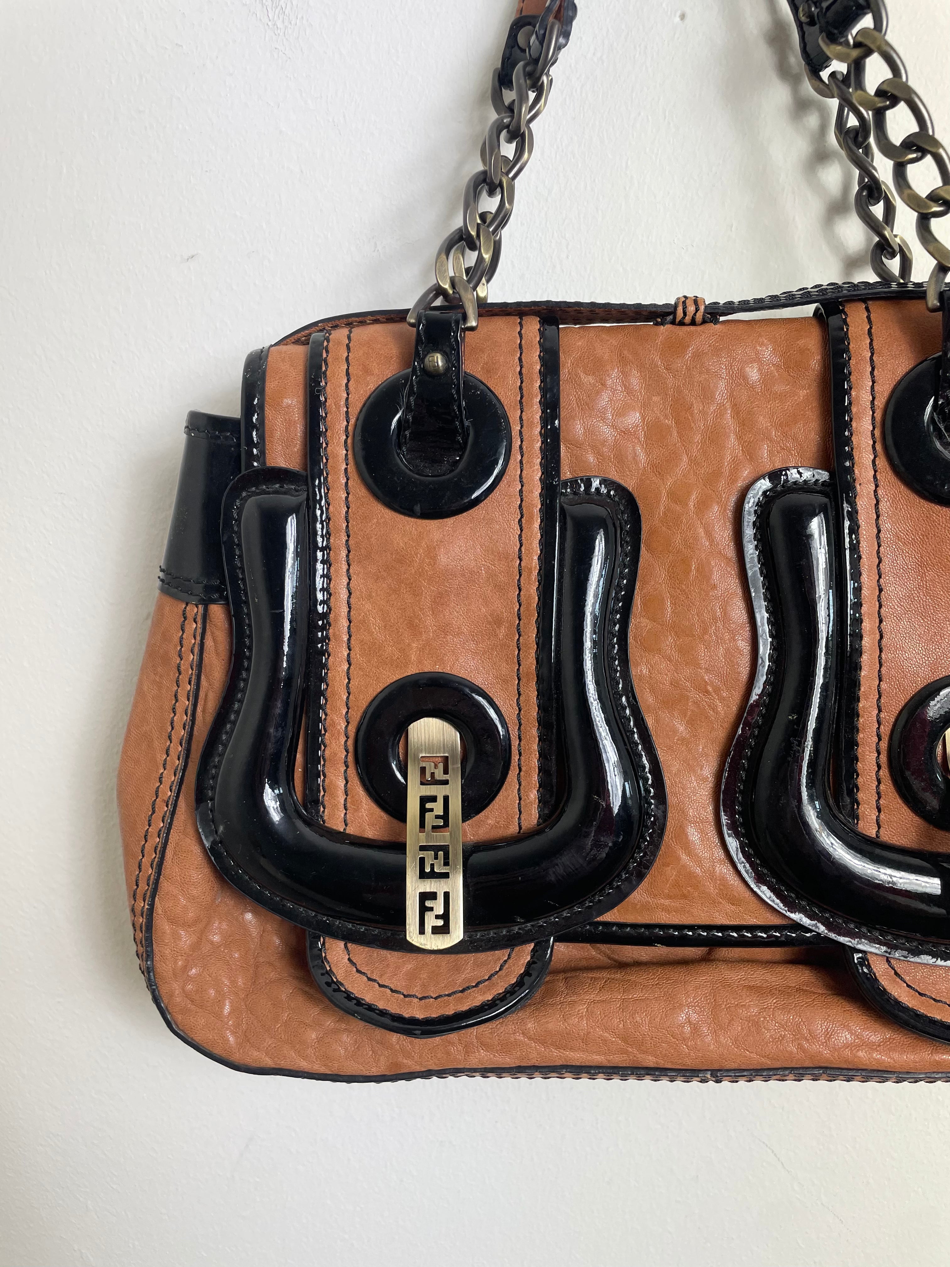 Fendi B Buckle Vintage Caramel & Black Patent Leather Handbag