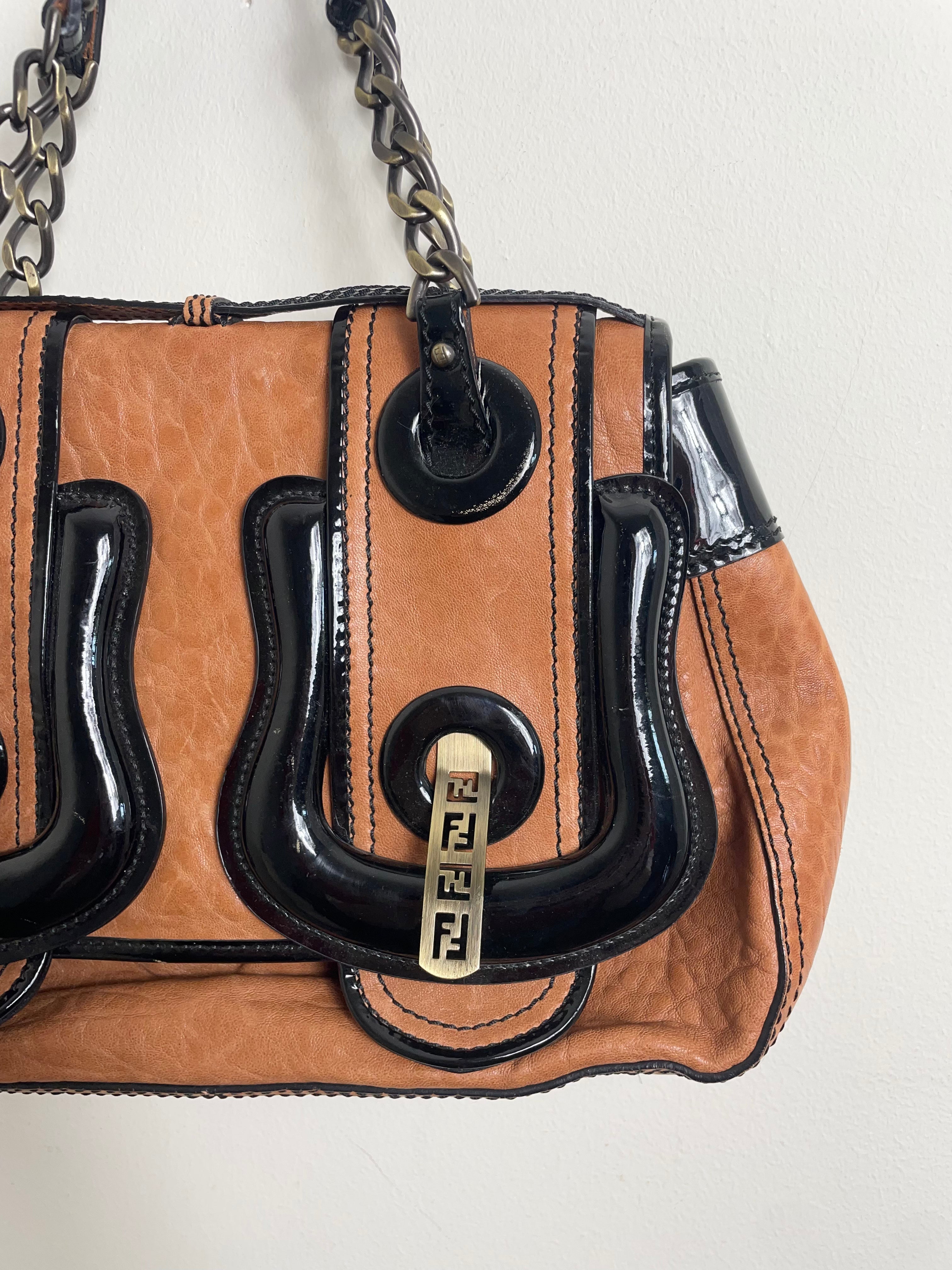 Fendi B Buckle Vintage Caramel & Black Patent Leather Handbag
