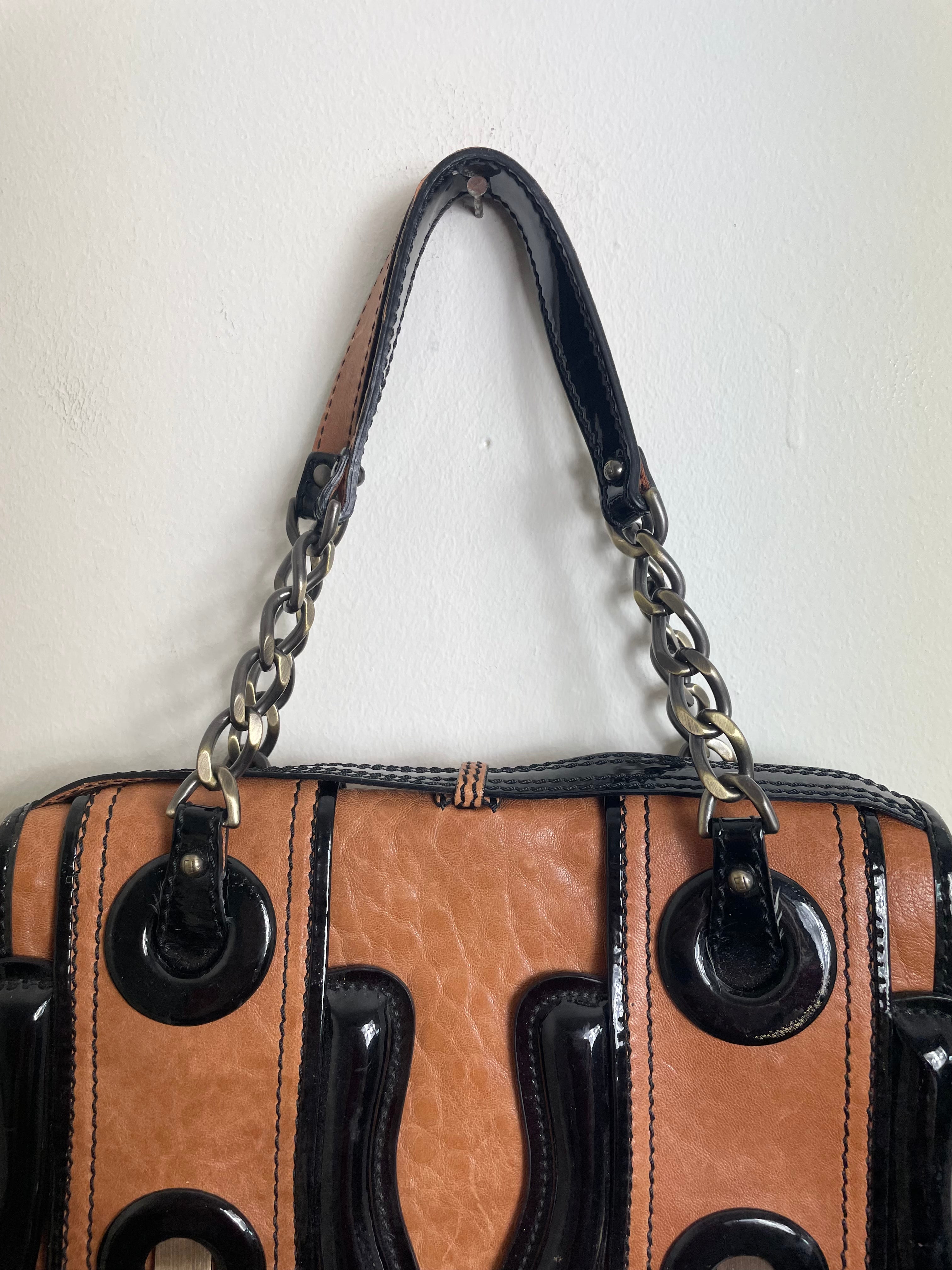 Fendi B Buckle Vintage Caramel & Black Patent Leather Handbag