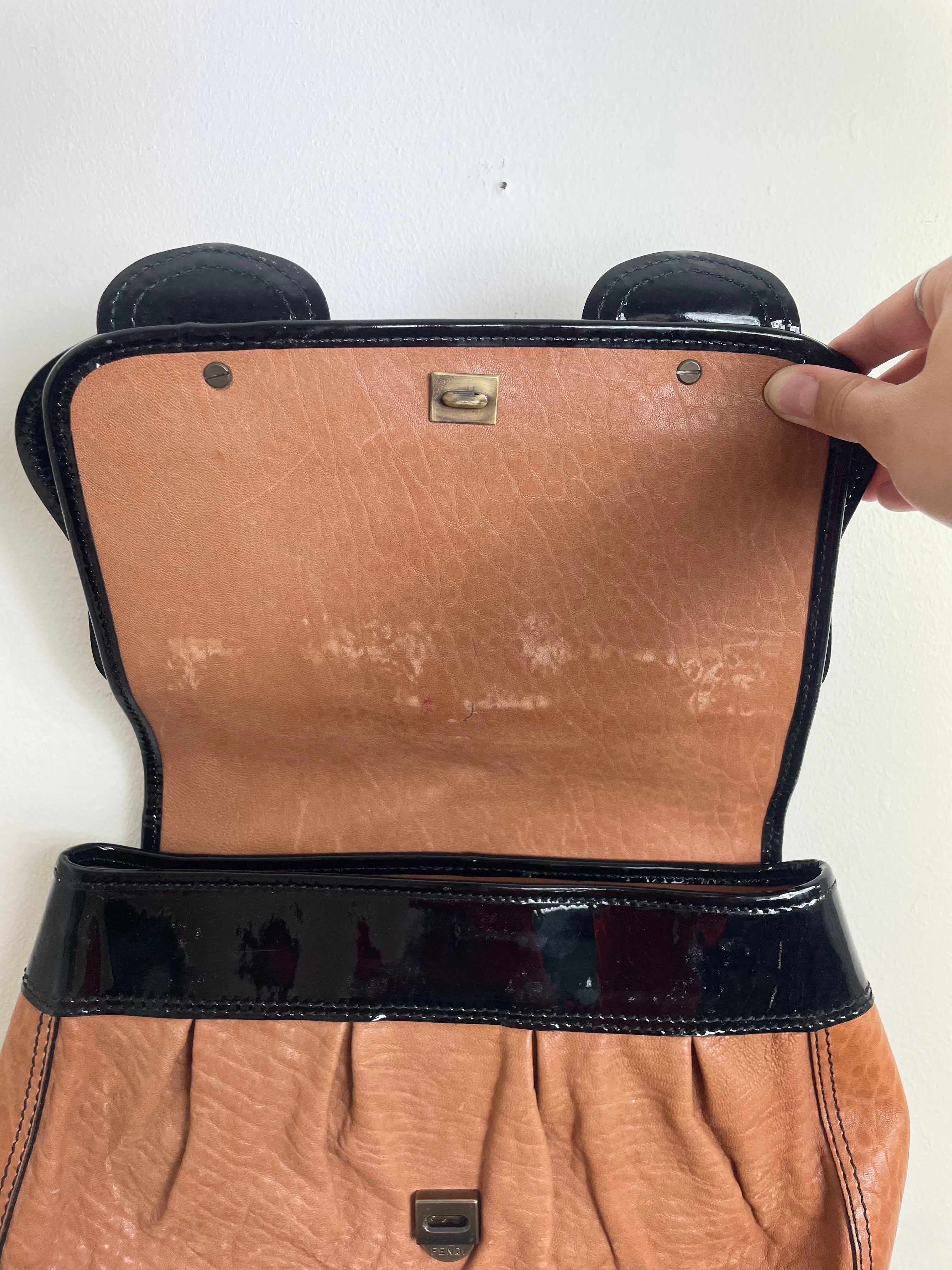 Fendi B Buckle Vintage Caramel & Black Patent Leather Handbag
