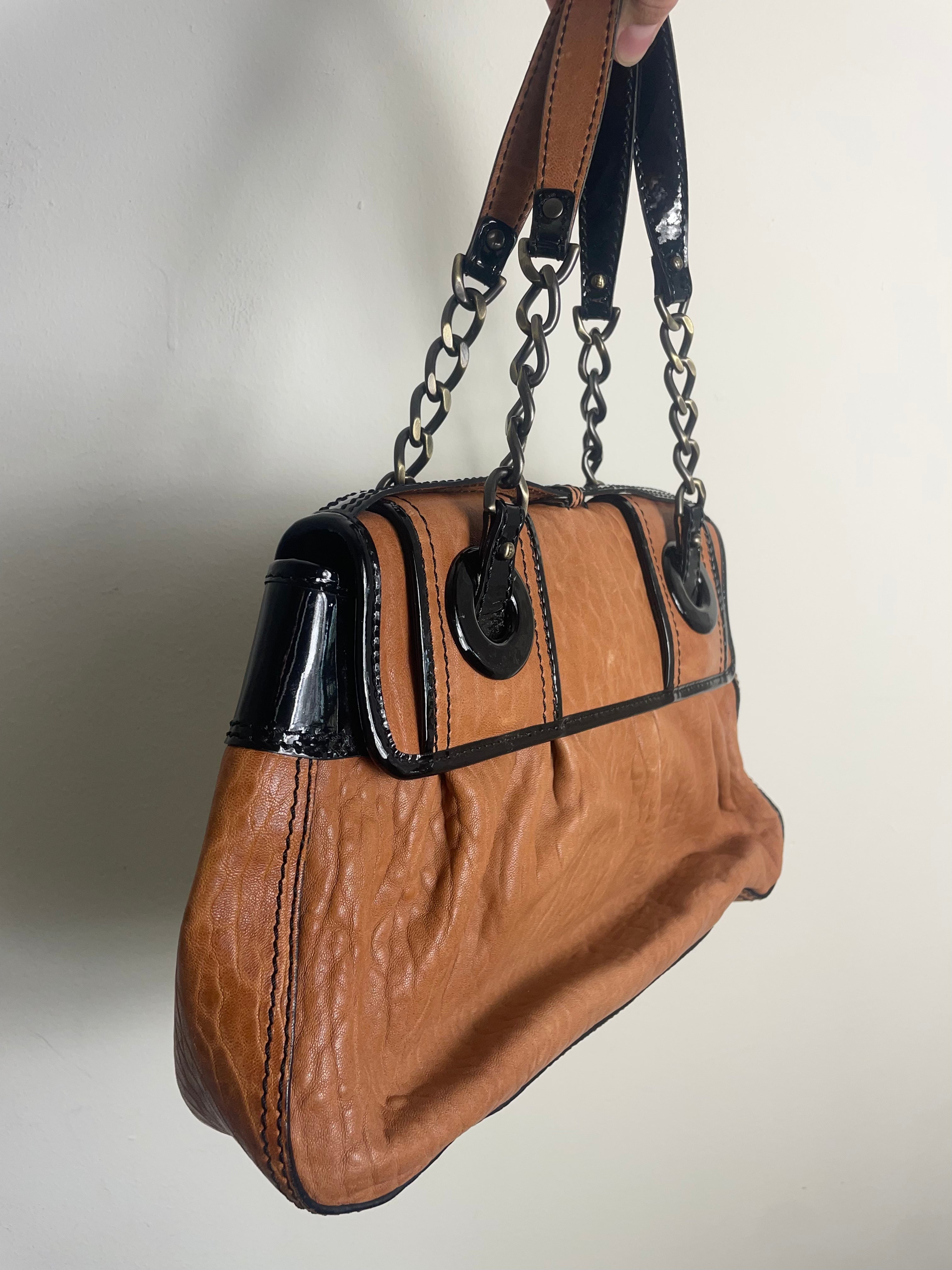 Fendi B Buckle Vintage Caramel & Black Patent Leather Handbag
