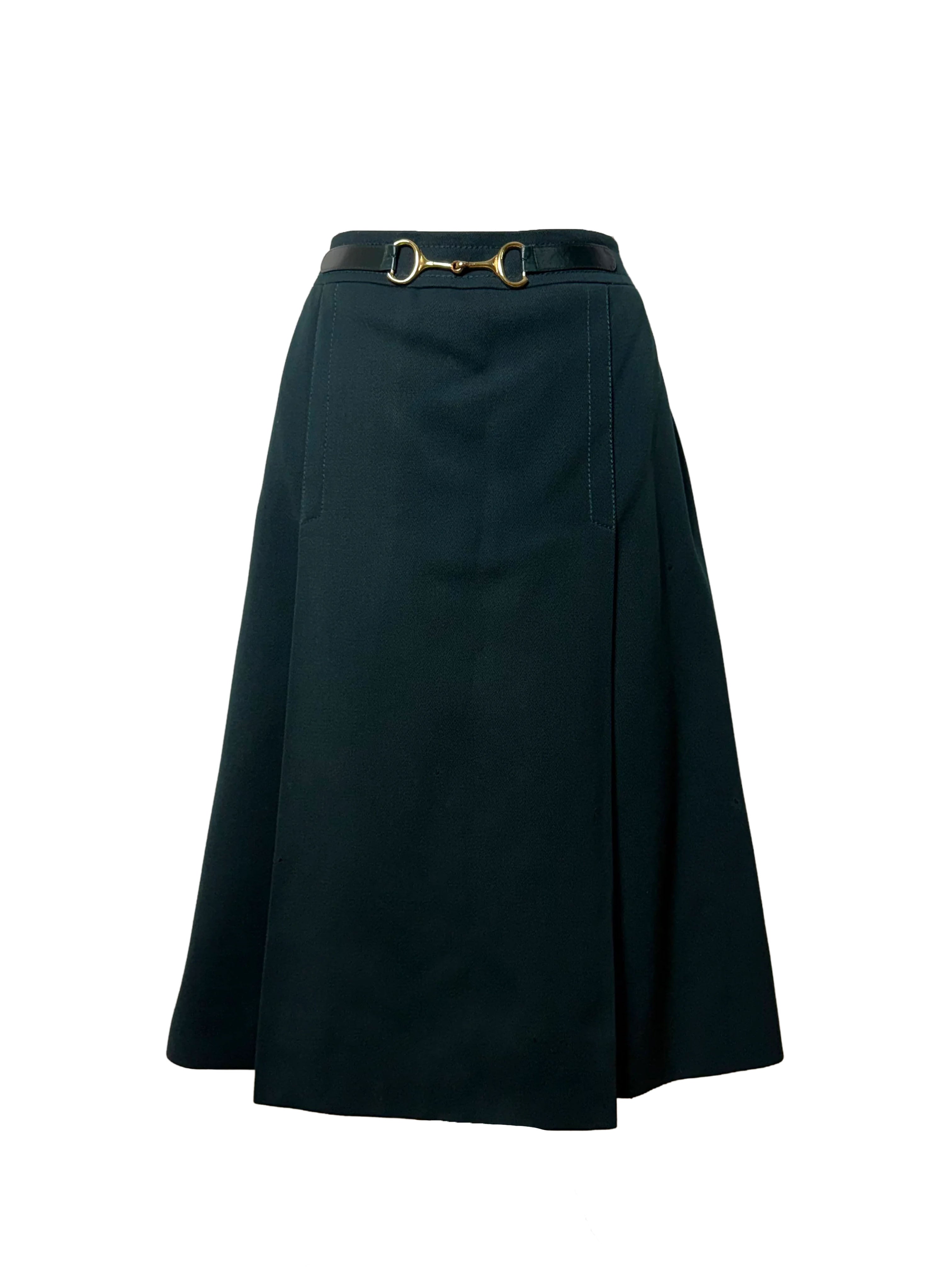 Celine Vintage 1970s Horsebit Dark Green Wool Pleated Skirt