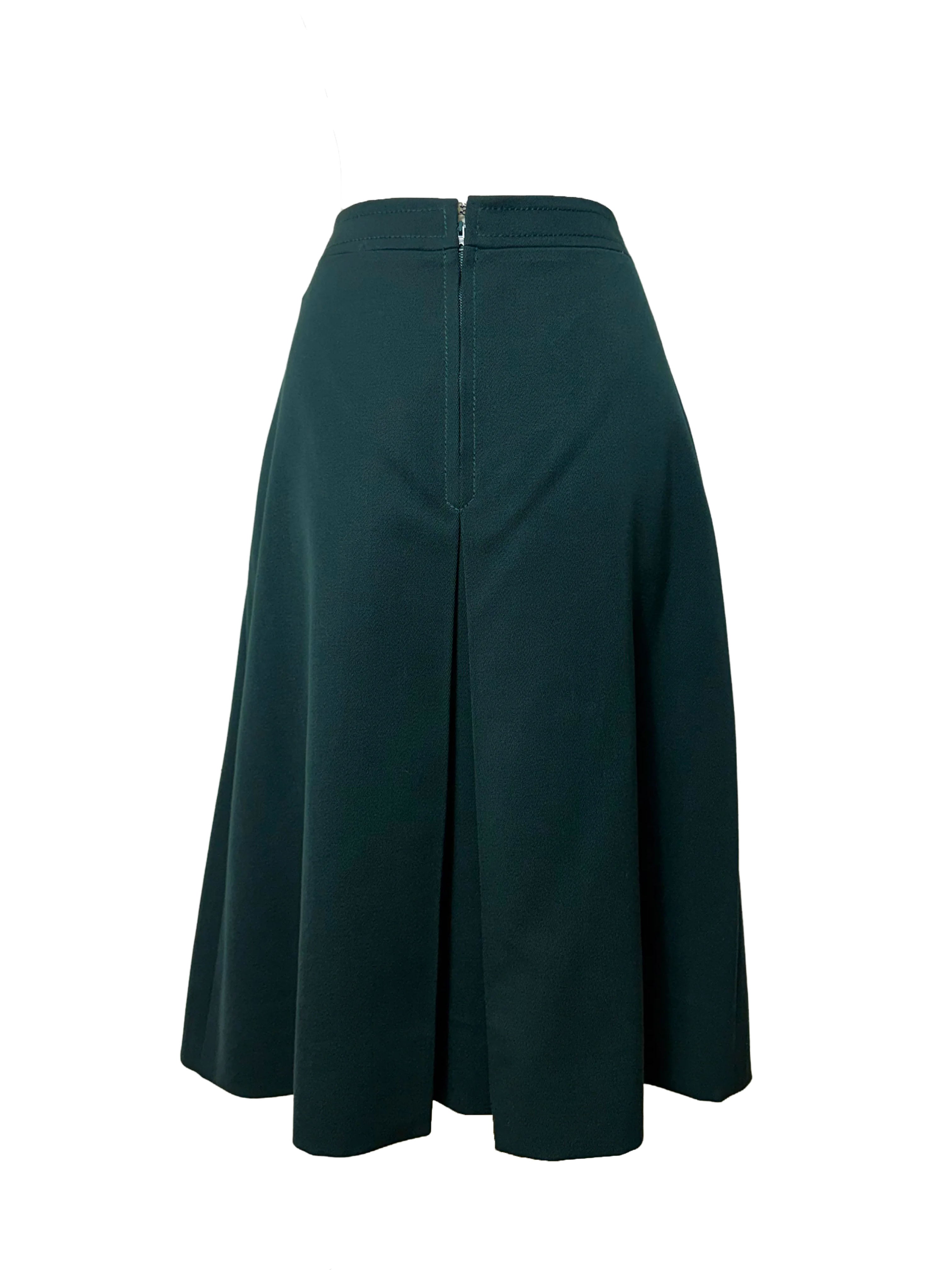 Celine Vintage 1970s Horsebit Dark Green Wool Pleated Skirt