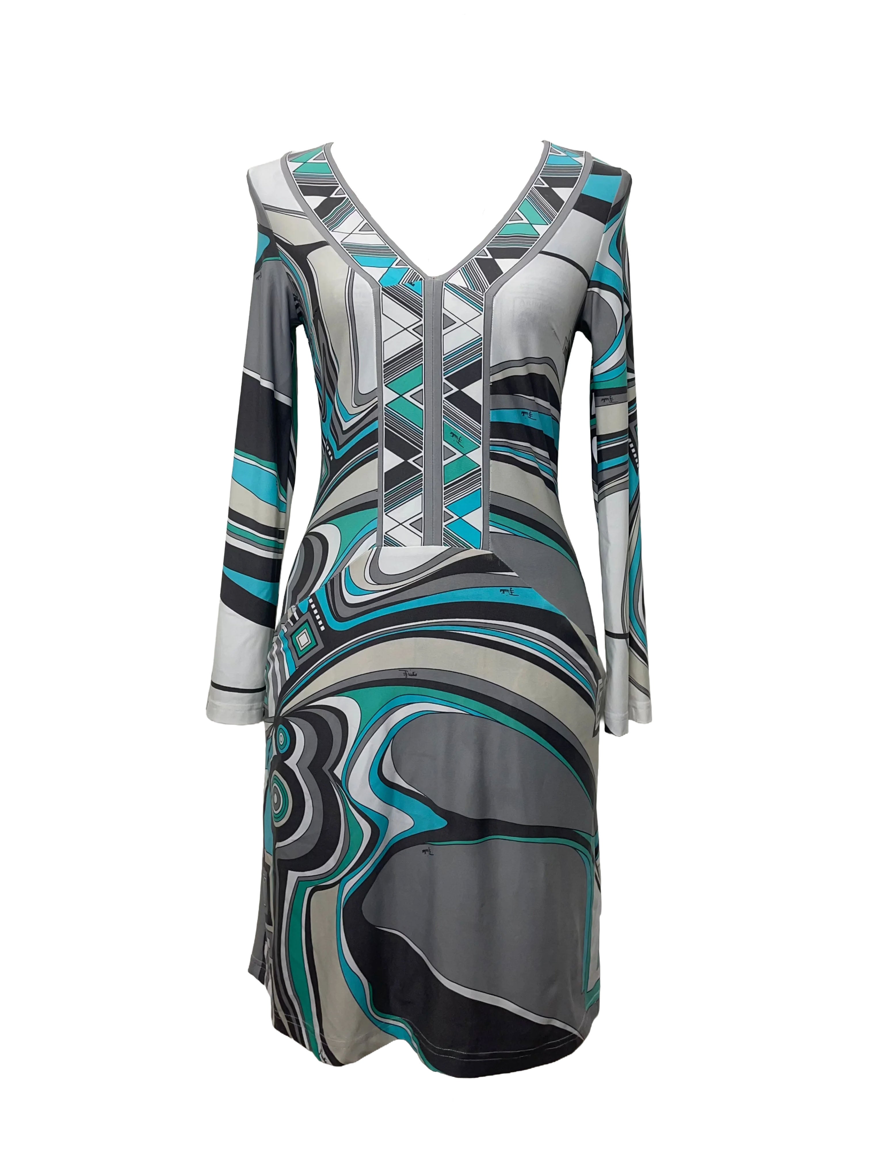 Emilio Pucci A Line Geometric Print Long Sleeve Midi Dress