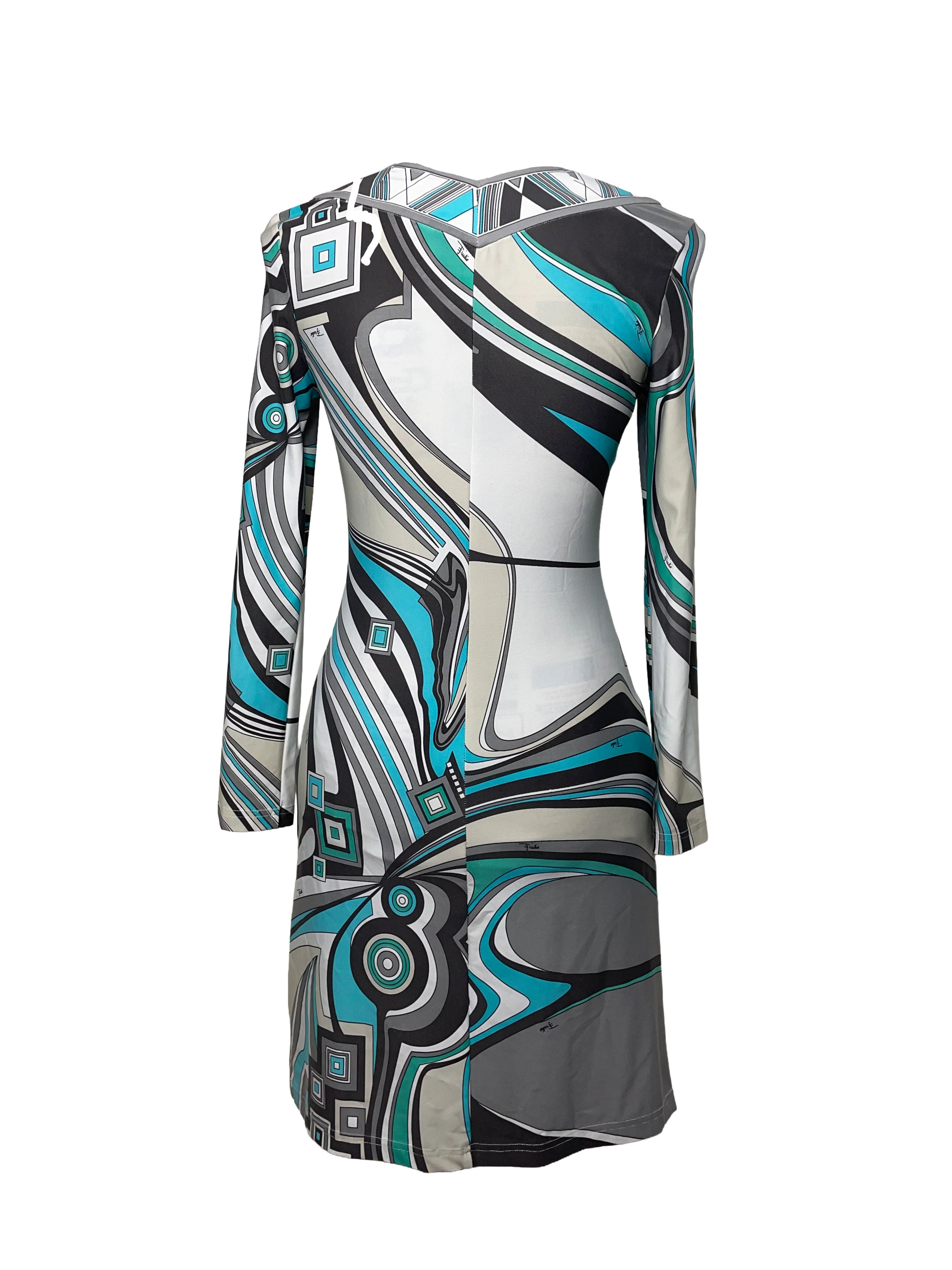 Emilio Pucci A Line Geometric Print Long Sleeve Midi Dress
