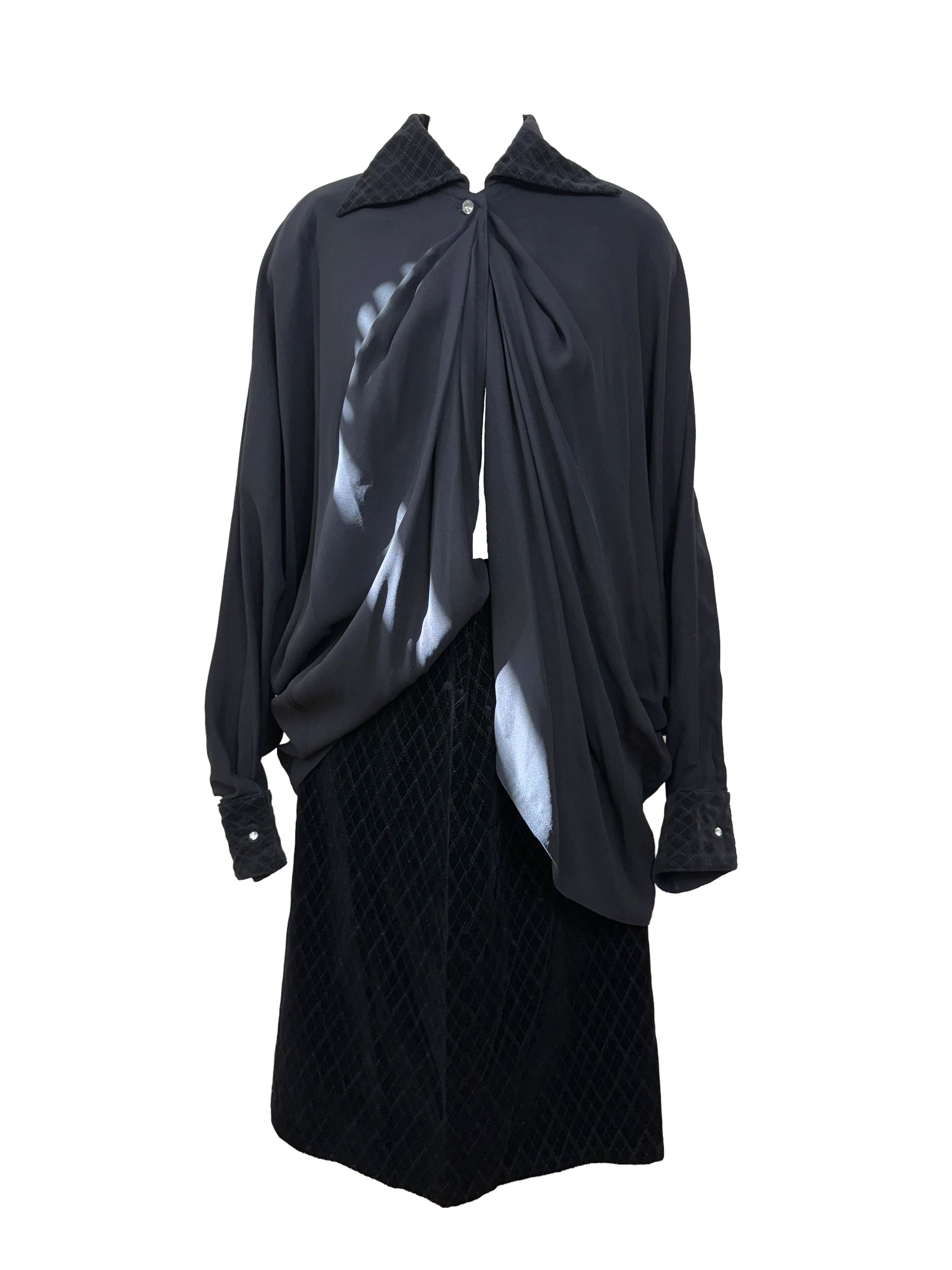 Gianni Versace Vintage Silk Blouse and Velvet Pencil Skirt Set