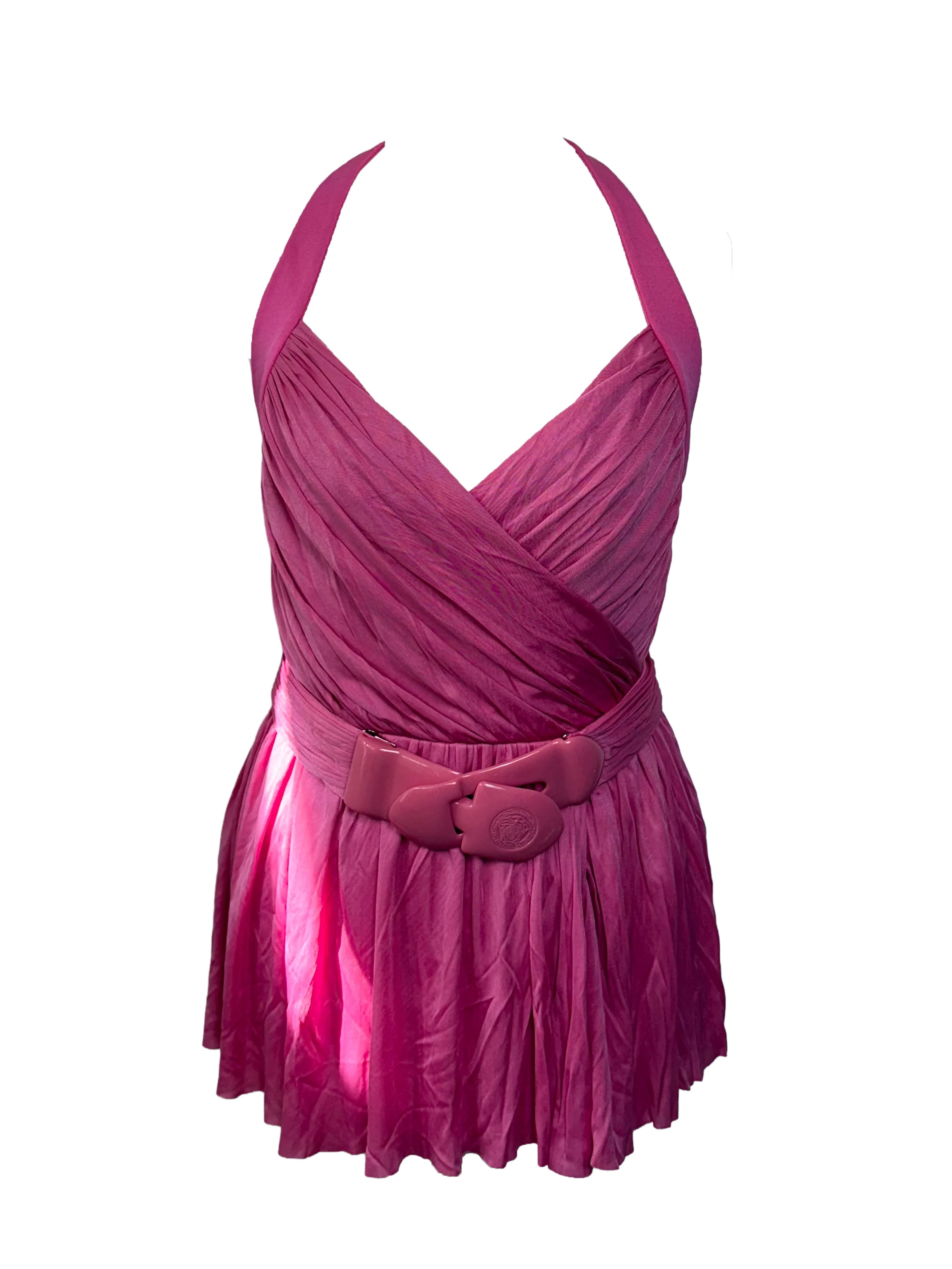 Versace Pink Halterneck Belted Peplum Top