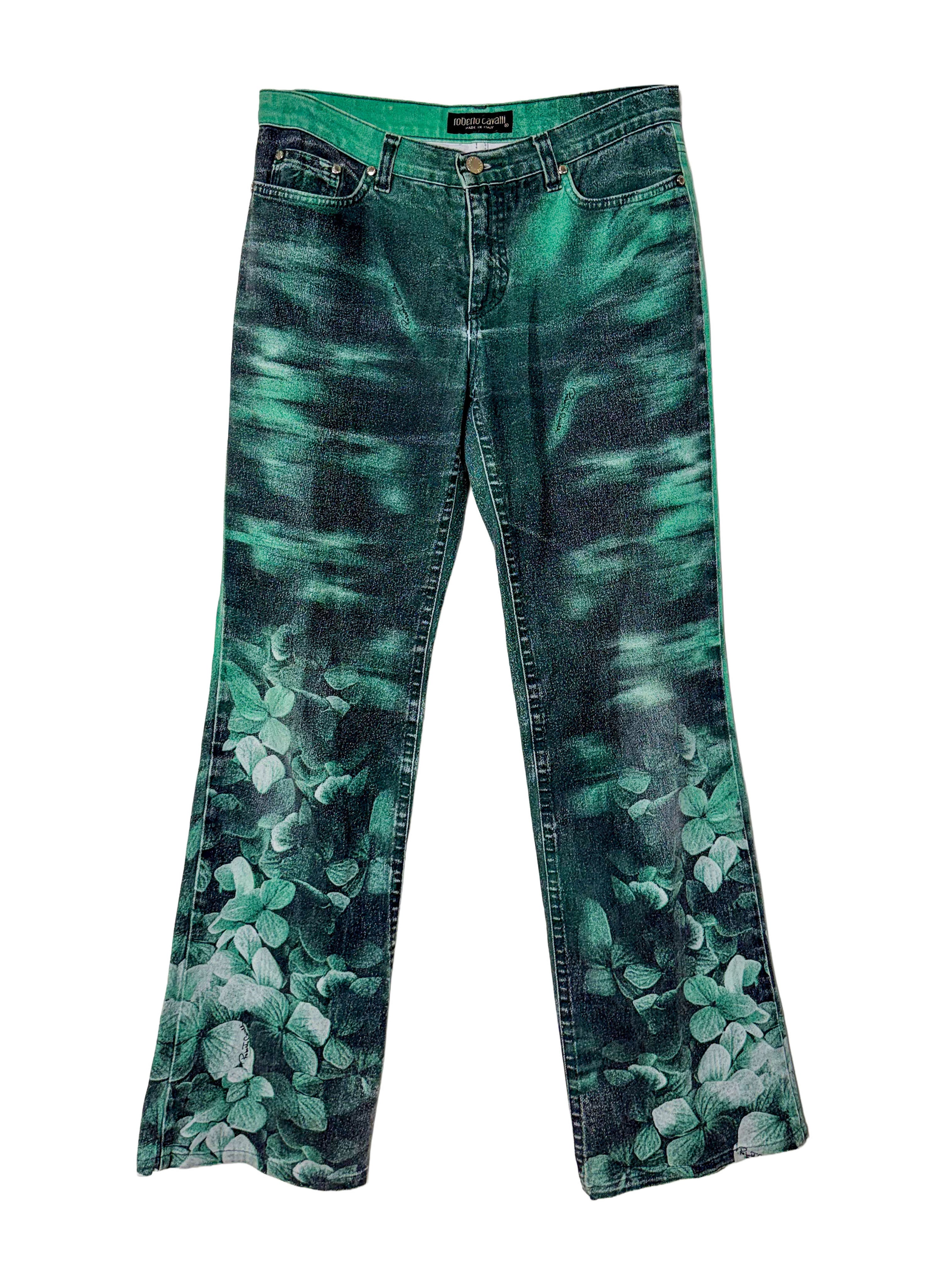 Roberto Cavalli Vintage 1990s Floral Green Jeans
