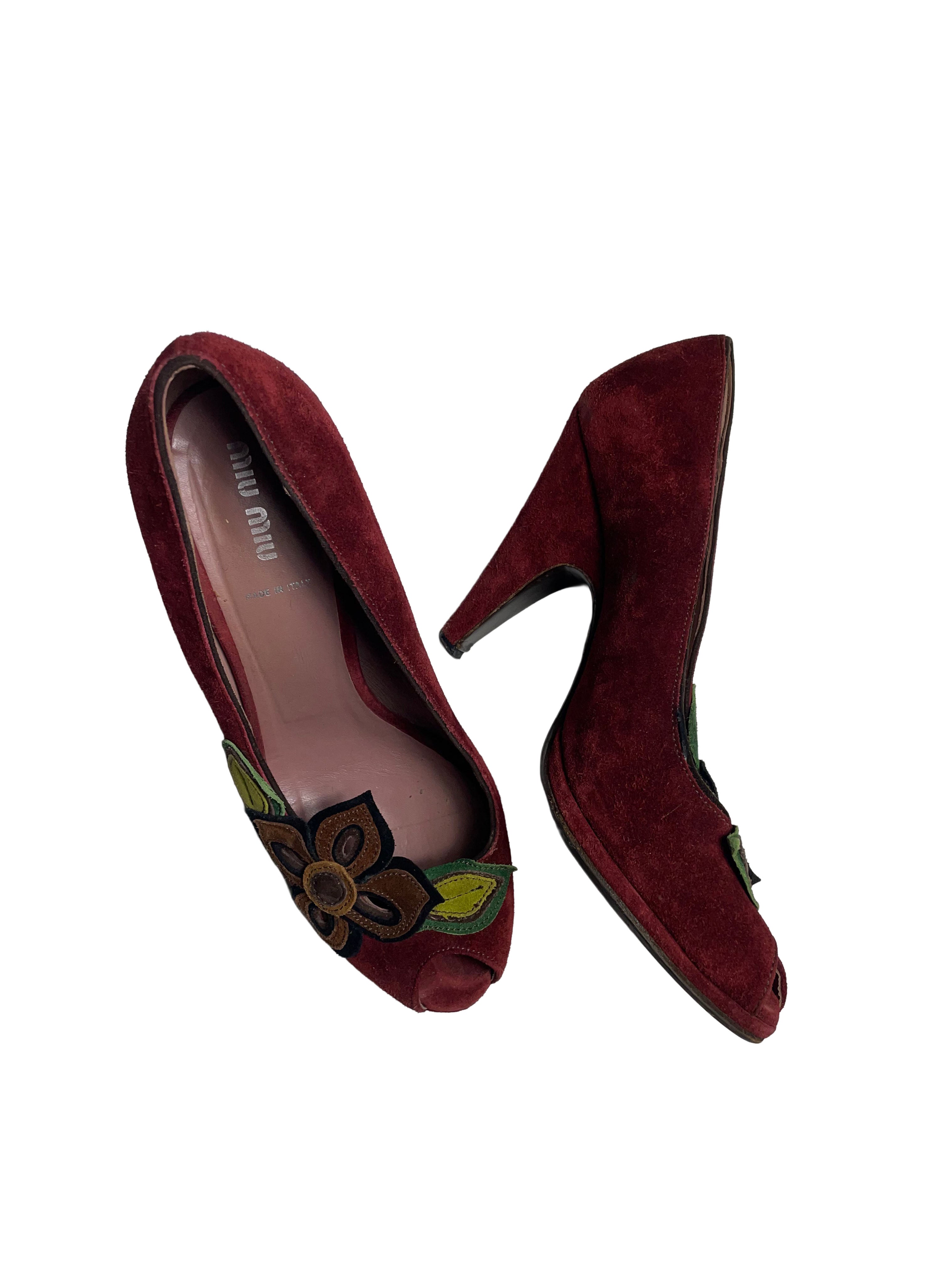 Miu Miu Burgundy Suede Peep Toe Pumps